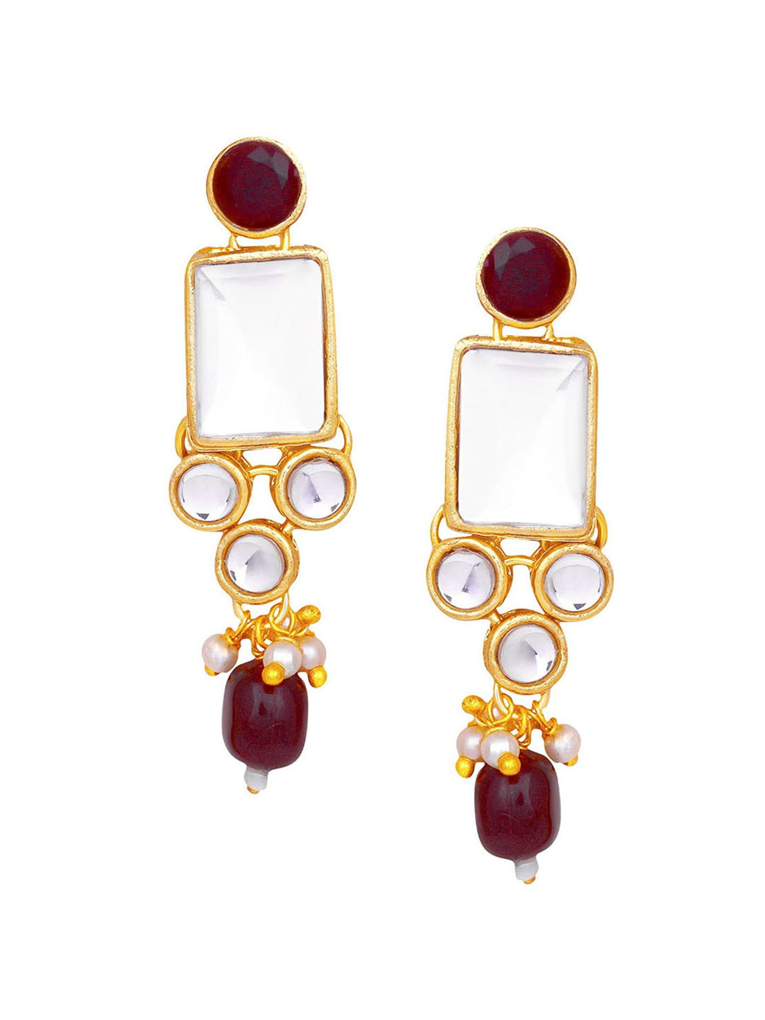 OOMPH Maroon Beads & Kundan Ethnic Choker Necklace Set with Drop Earrings & Maangtikka