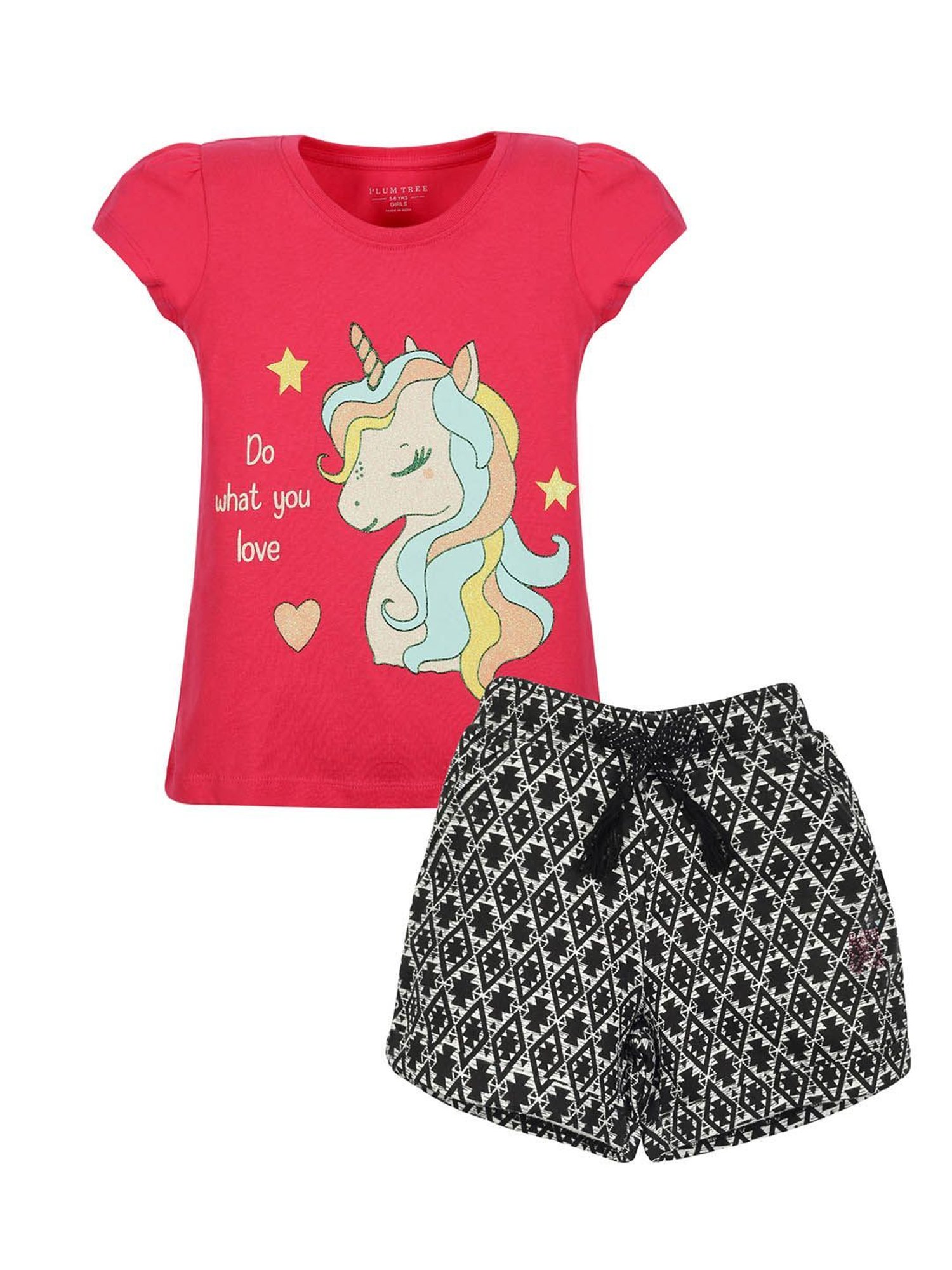 Plum Tree Kids Dark Pink & White Embellished T-Shirt with Shorts