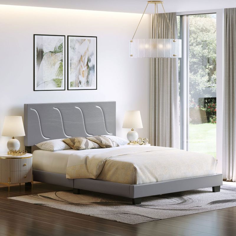 Boyd Sleep VMI0404GYEK Brussels Faux Leather Upholstered King Size Platform Bed Frame with Decorative Headboard and Wood Slat Supports, Grey