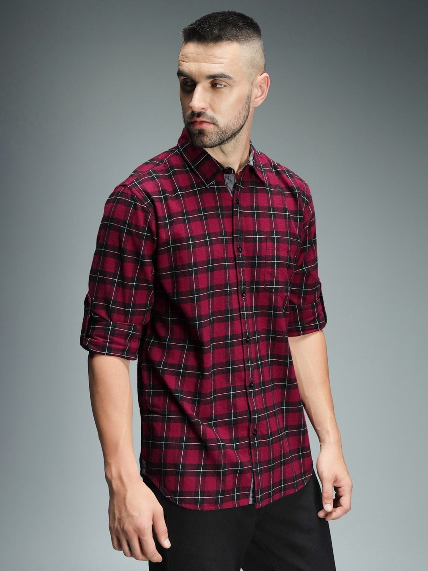 High Star Red Cotton Regular Fit Checks Shirt
