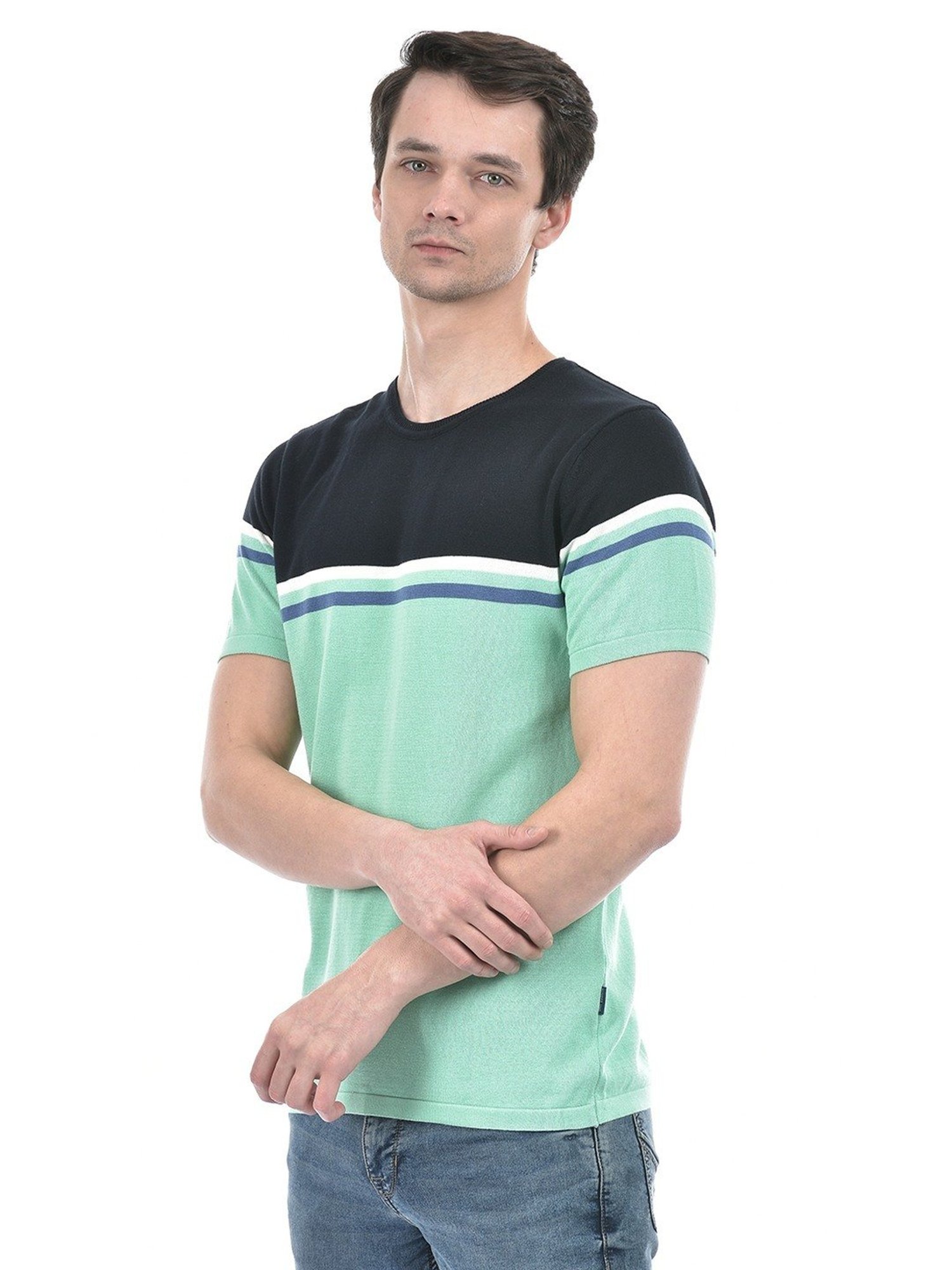 Numero Uno Navy Cotton Slim Fit Colour Block T-Shirt