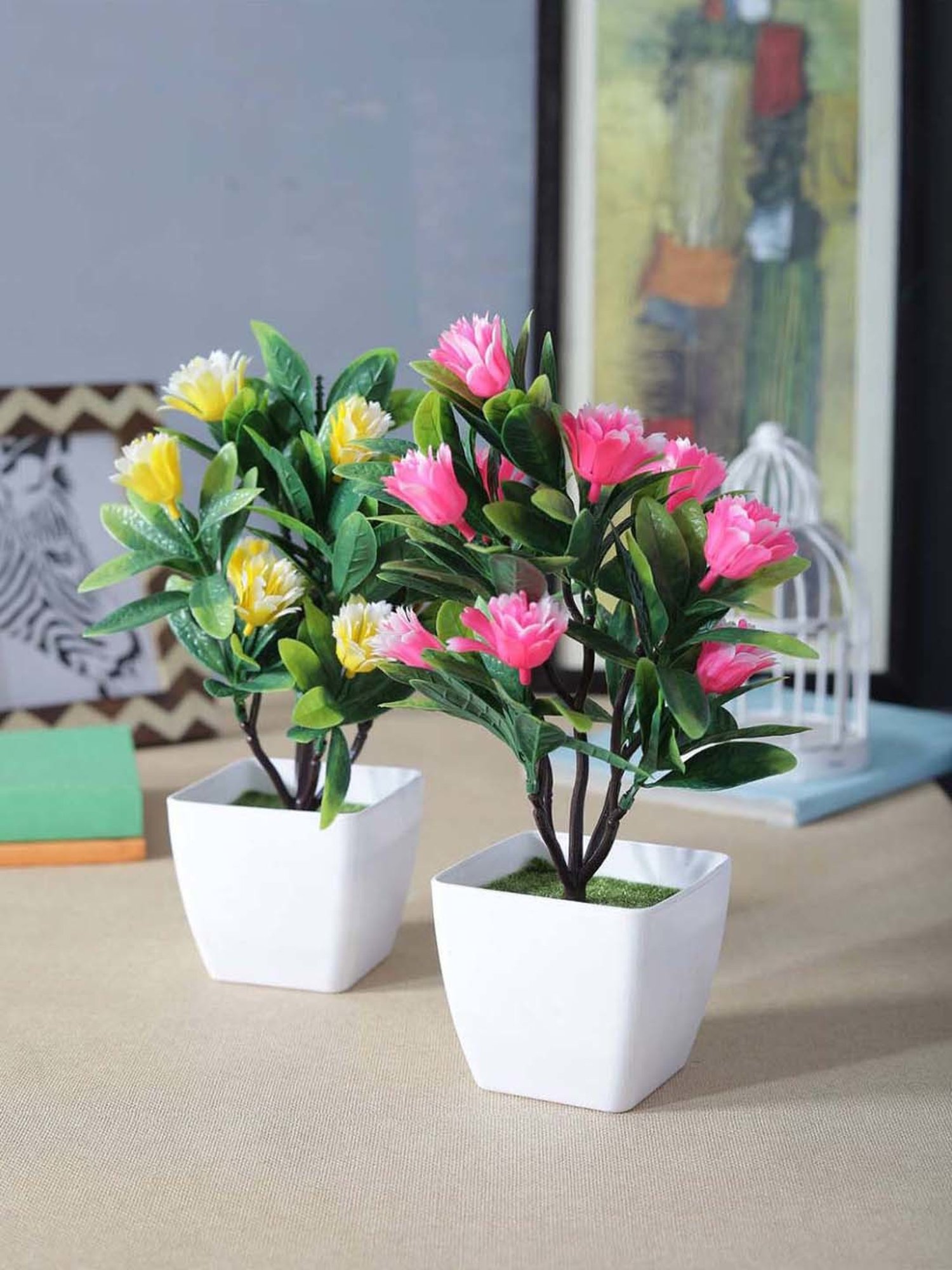 Foliyaj Pink & Yellow Plastic Artificial Bonsai Trees - Set of 2