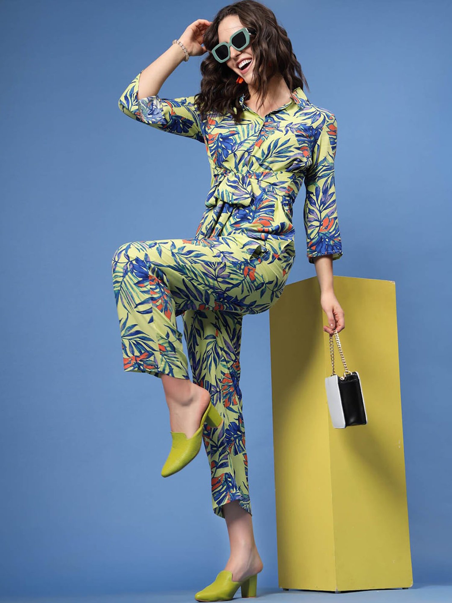 Melon by PlusS Yellow & Blue Printed Top With Trousers