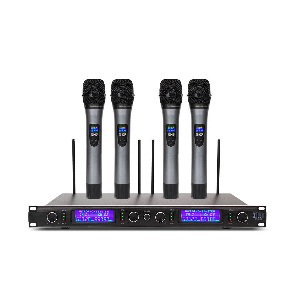 Xtuga UHF 4 Channel Wireless Handheld Microphone System UHF Wireless Microphone System metal receiver with 4 Handheld for Stage Church Use for Family Party, Church, Small Karaoke Night