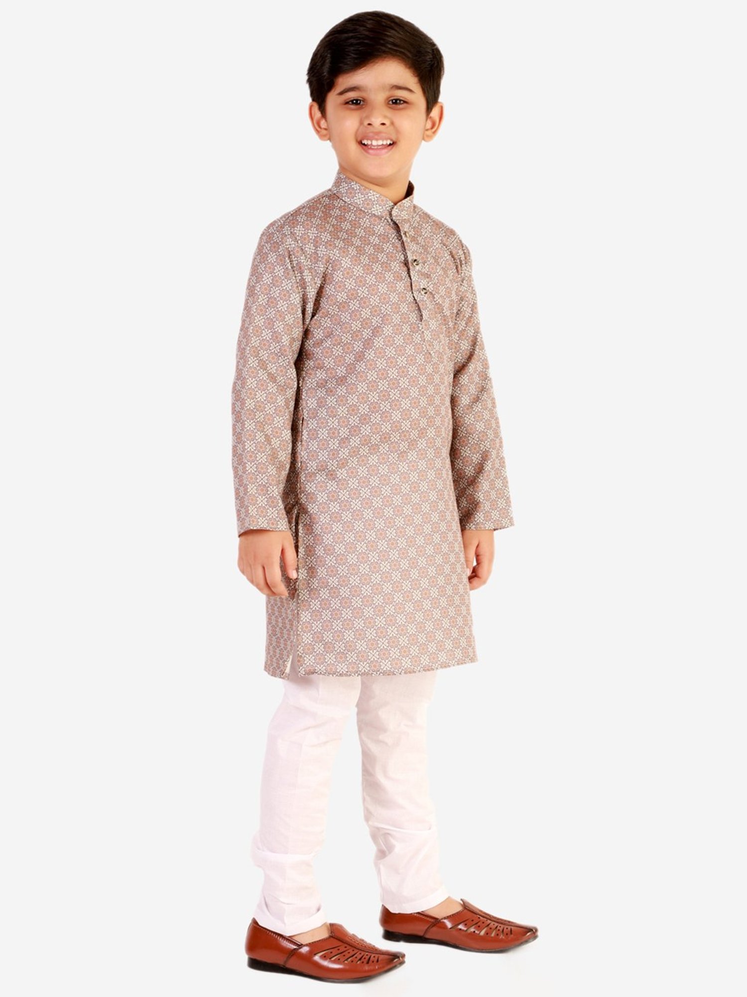 Pro-Ethic Style Developer Kids Light Brown & White Floral Full Sleeves Kurta with Pyjamas