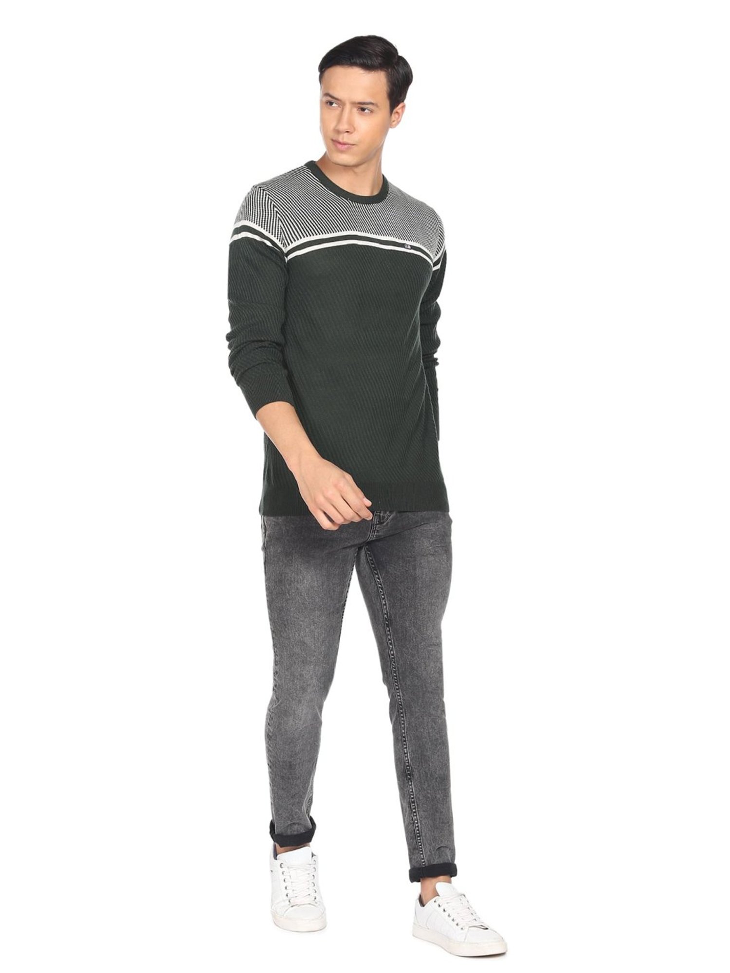 Arrow Sport Dark Grey Cotton Regular Fit Striped Sweater