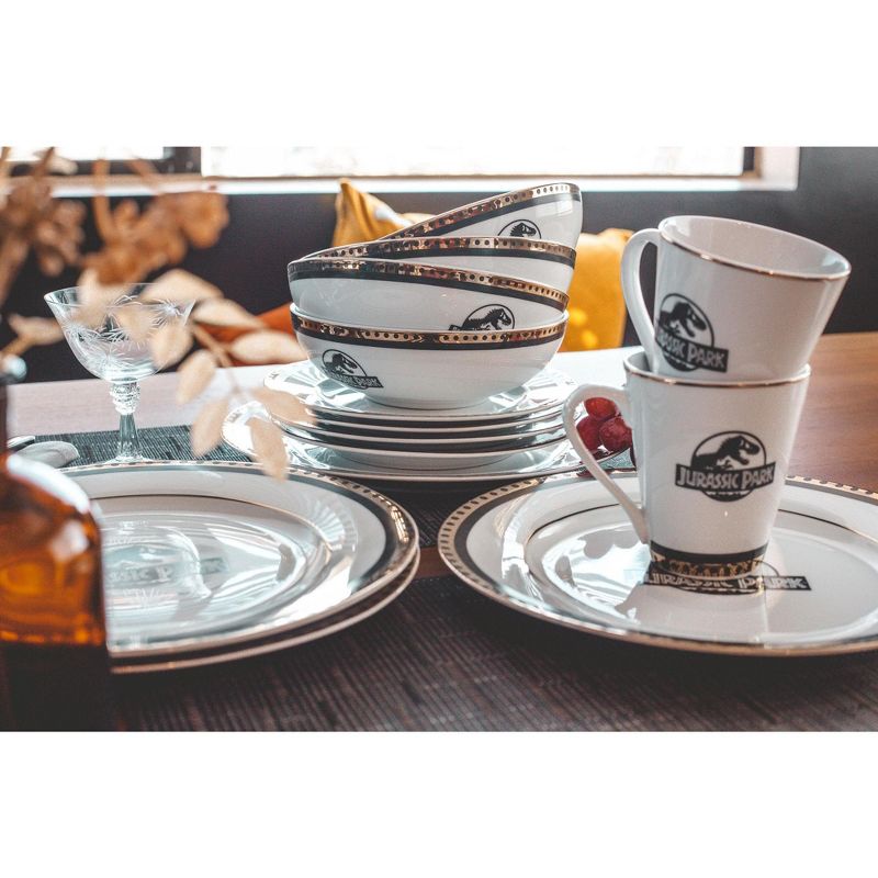 Robe Factory LLC Jurassic Park Logo 16-Piece Ceramic Dinnerware Set Replica | Plates, Bowls, Mugs
