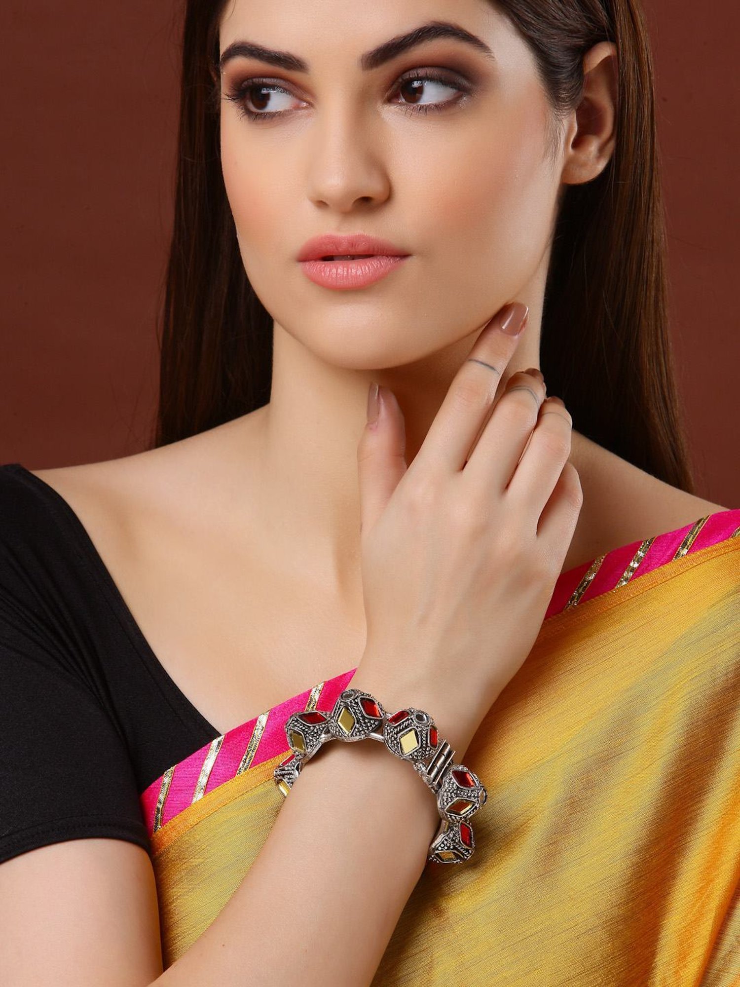 Moedbuille Mirrors Studded Tribal Afghan Design Oxidised Silver Plated Handcrafted Cuff Bracelet