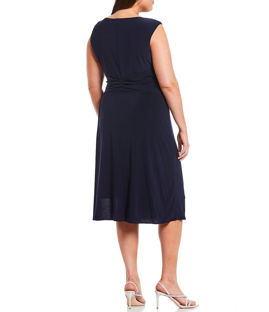 Adrianna Papell Plus Size Asymmetric Draped Jersey Bateau Neck Sleeveless Midi Dress