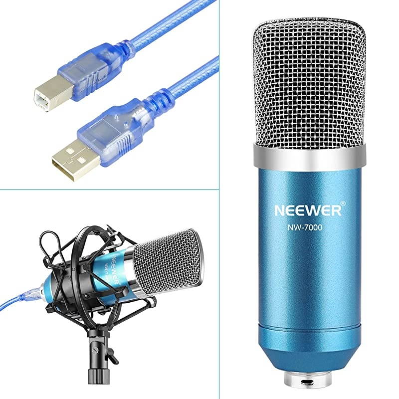 USB Microphone for Windows and Mac with Suspension Scissor Arm Stand Shock Mount Pop Filter USB Cable and Table Mounting Clamp Kit for Broadcasting and Sound Recording Blue and Silver