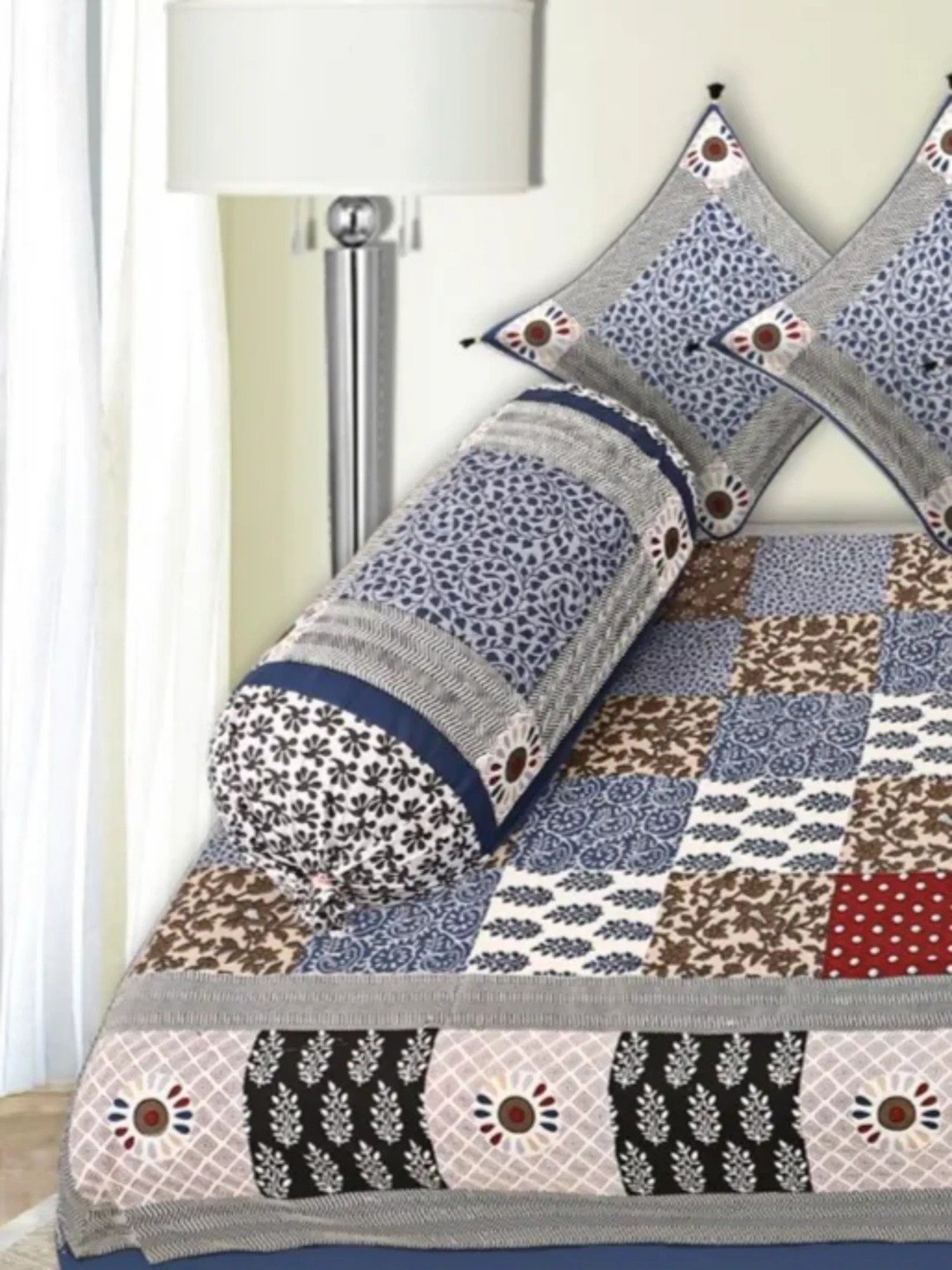 Living Roots Printed Grey 300 TC Cotton Single Diwan - Set of 8