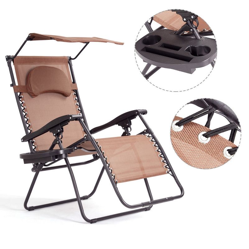 Costway Folding Recliner Zero Gravity Lounge Chair W/ Shade Canopy Cup Holder Brown