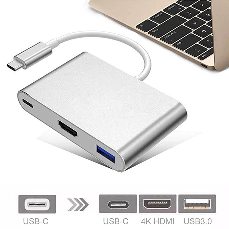 Digital AV Multiport Adapter, 3 in 1 USB Type C to 4K HDMI Video Converter Compatible for MacBook Pro/Air/ iPad Pro/S8+/S9+/Chromebook/Surface Pro7, Aluminium Alloy, Silver