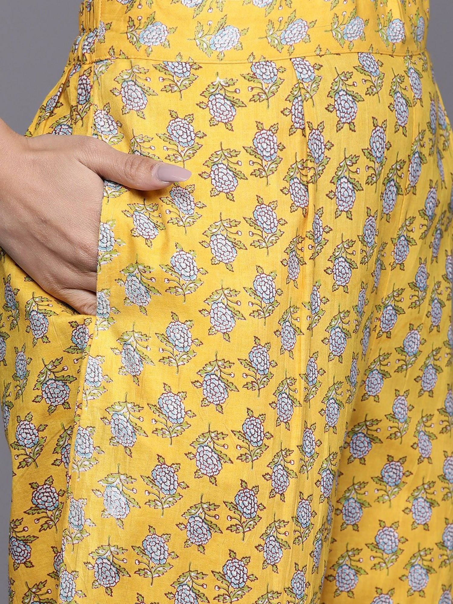 KSUT Yellow Cotton Printed Kurta Pant Set With Dupatta