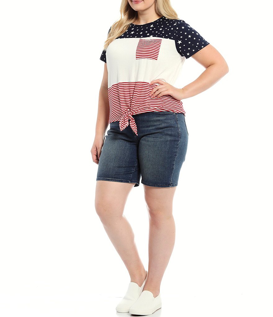 Moa Moa Plus Size Americana Colorblock Tie-Front Pocket Crew Neck Short Sleeve Tee
