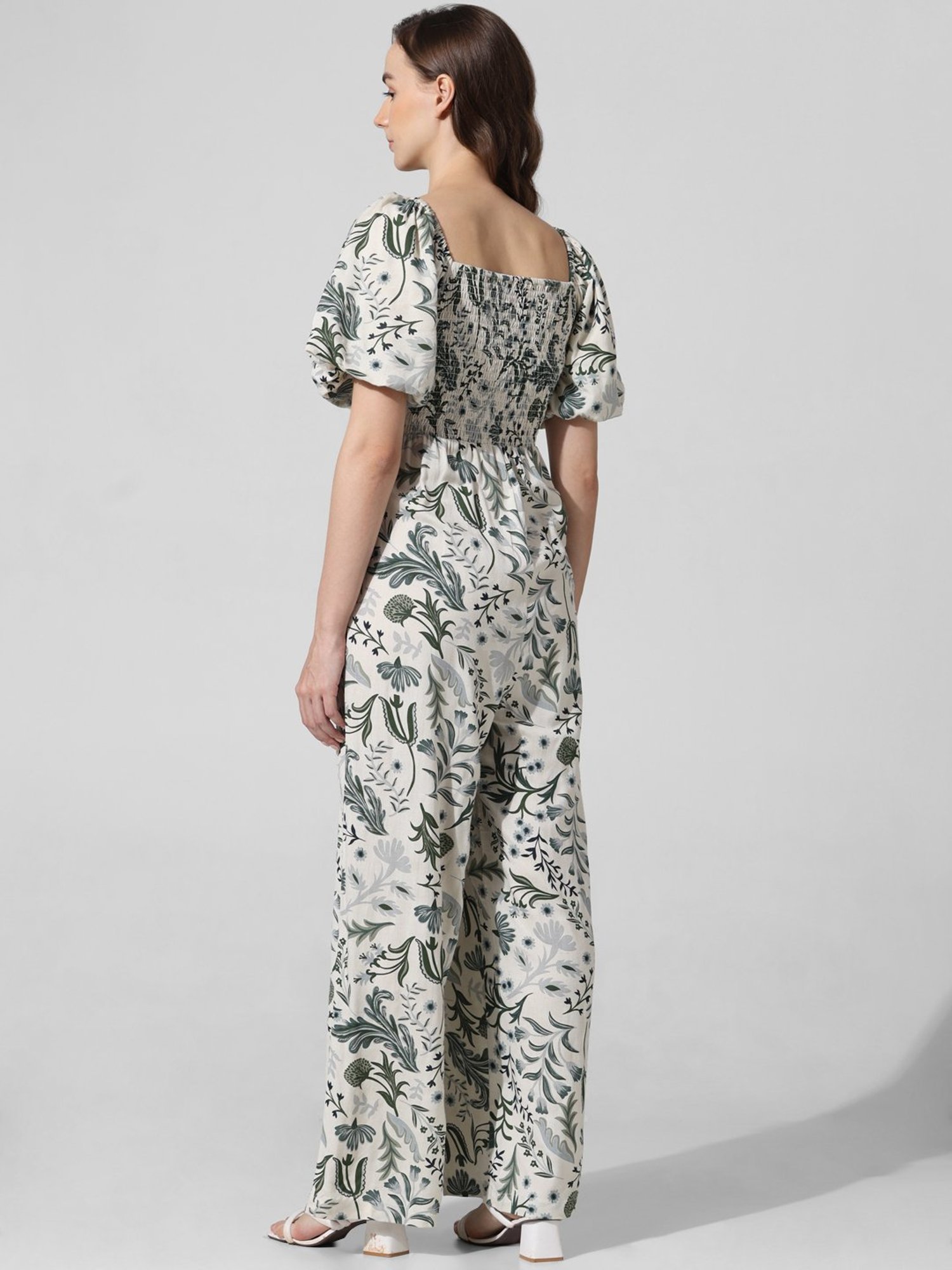 Only White & Green Cotton Floral Print Jumpsuit