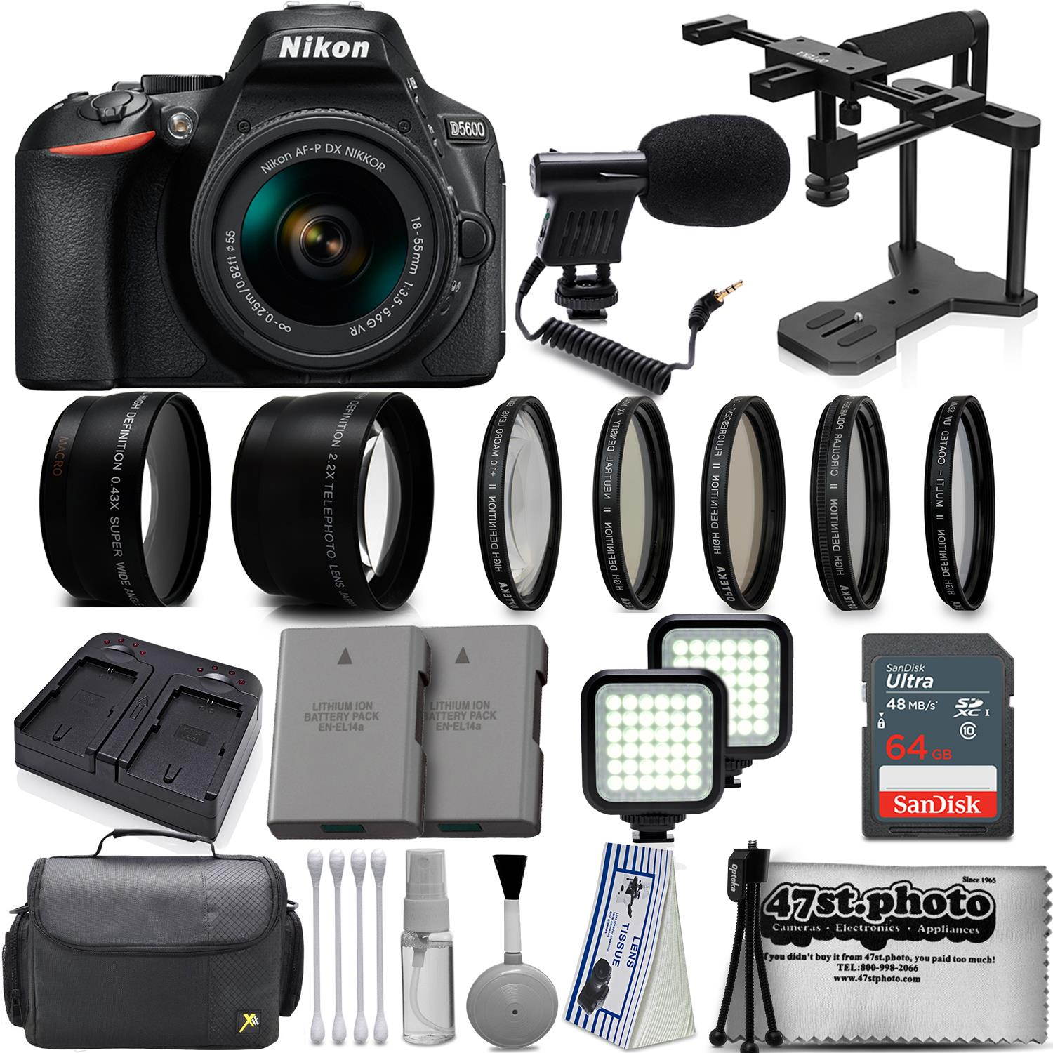 Nikon D5600 Digital SLR Camera Black with AF-P 18-55mm Lens + 64GB Videography Accessories Bundle Kit