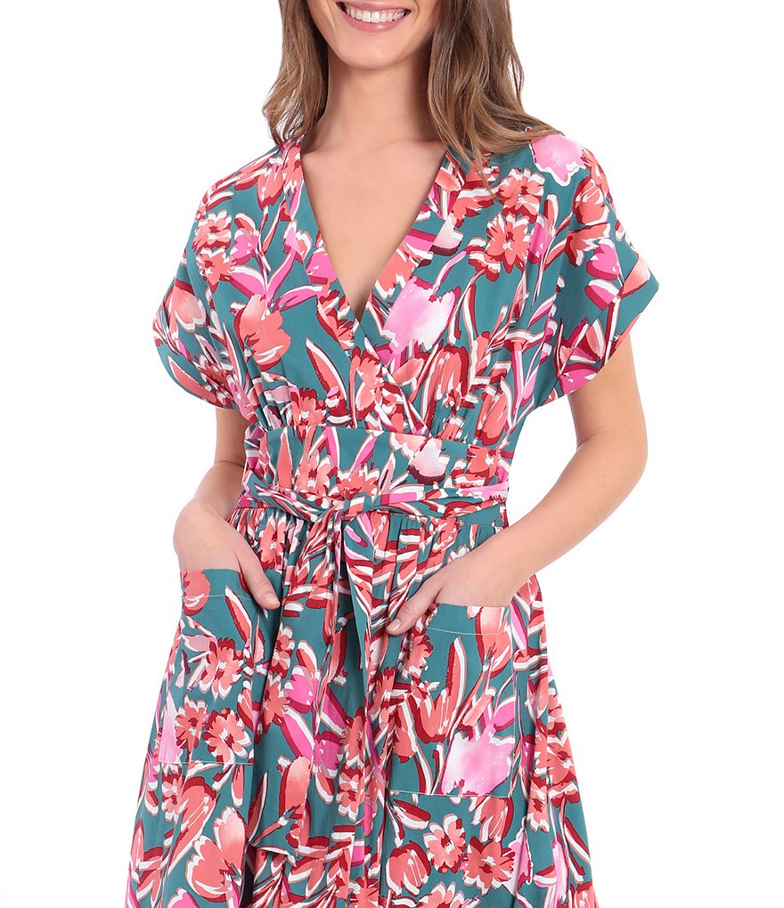 Donna Morgan Floral Faux Wrap V-Neck Maxi Cotton Dress
