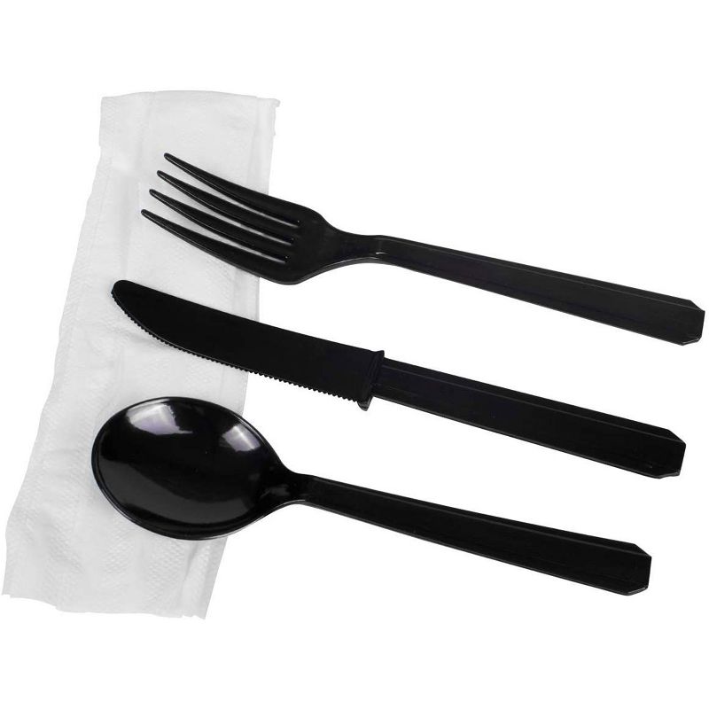 Karat Plastic Heavy Weight Disposable Cutlery Kit with Knife, Spoon, Fork, and Napkin for Restaurants, Diners, and Cafes, 250 Pack, Black