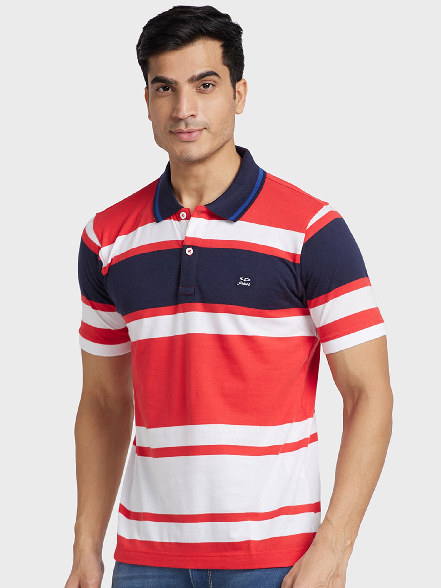 Colorplus Red Cotton Tailored Fit Striped Polo T-Shirt