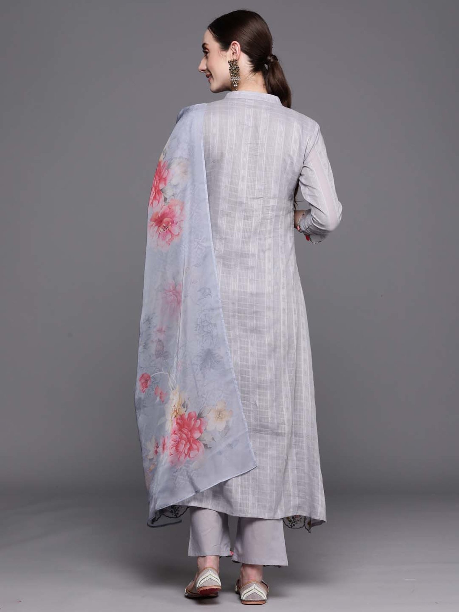 Indo Era Grey Cotton Embroidered Kurta Pant Set With Dupatta