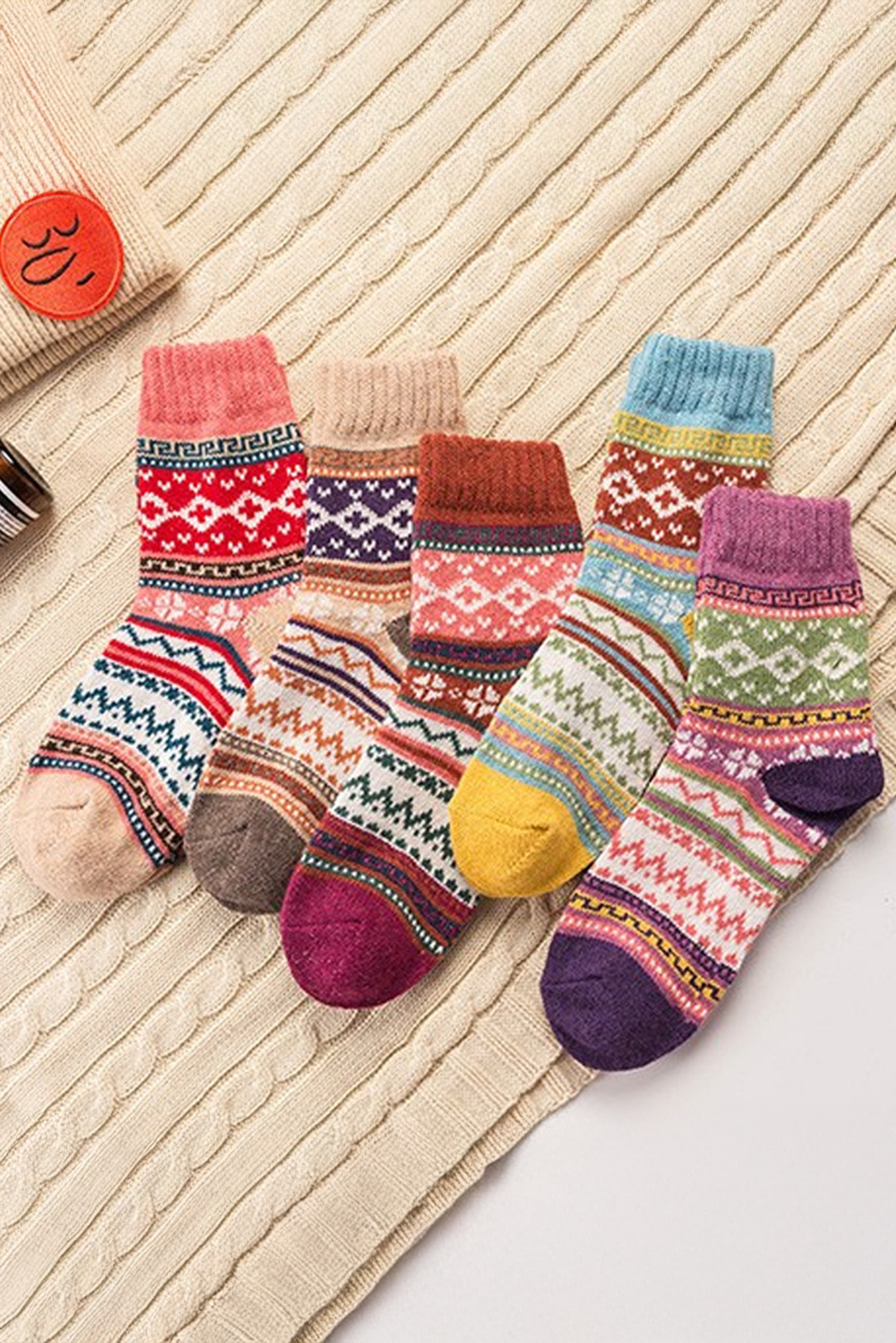 Camel Vintage Geometric Striped Warm Winter Socks