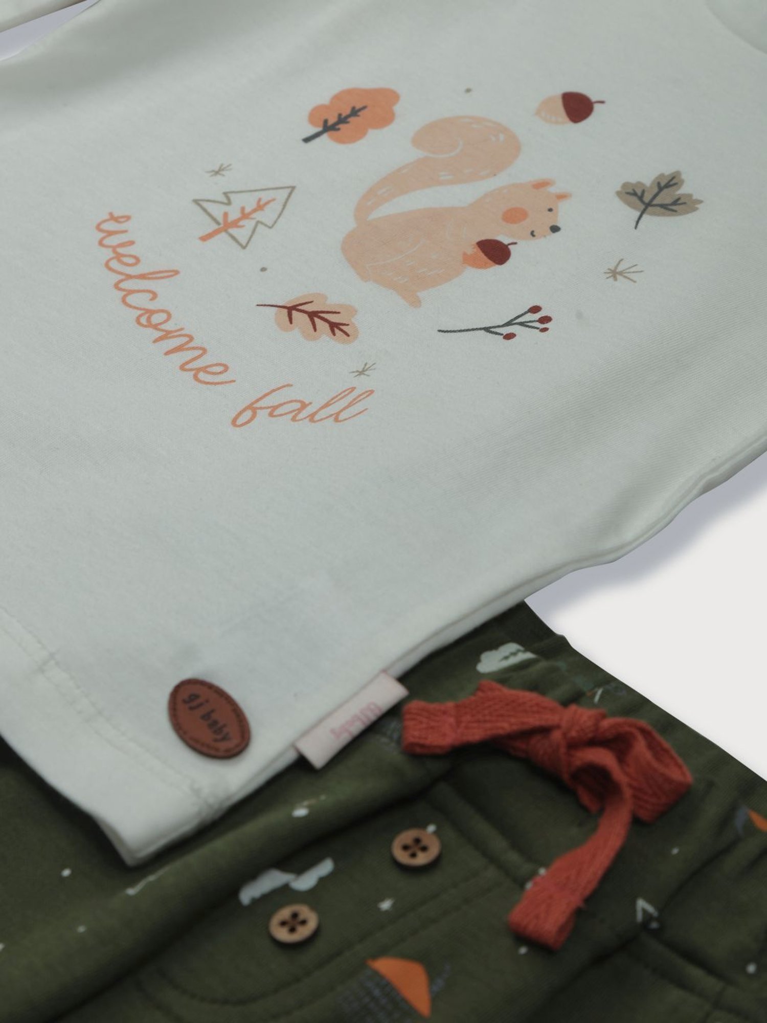 GJ baby Kids White & Green Cotton Printed Full Sleeves T-Shirt Set