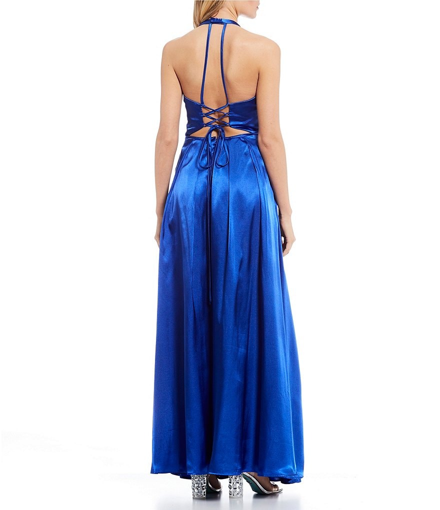 Morgan & Co. Surplice Halter-Neck Lace-Up Side Slit Satin Long Dress