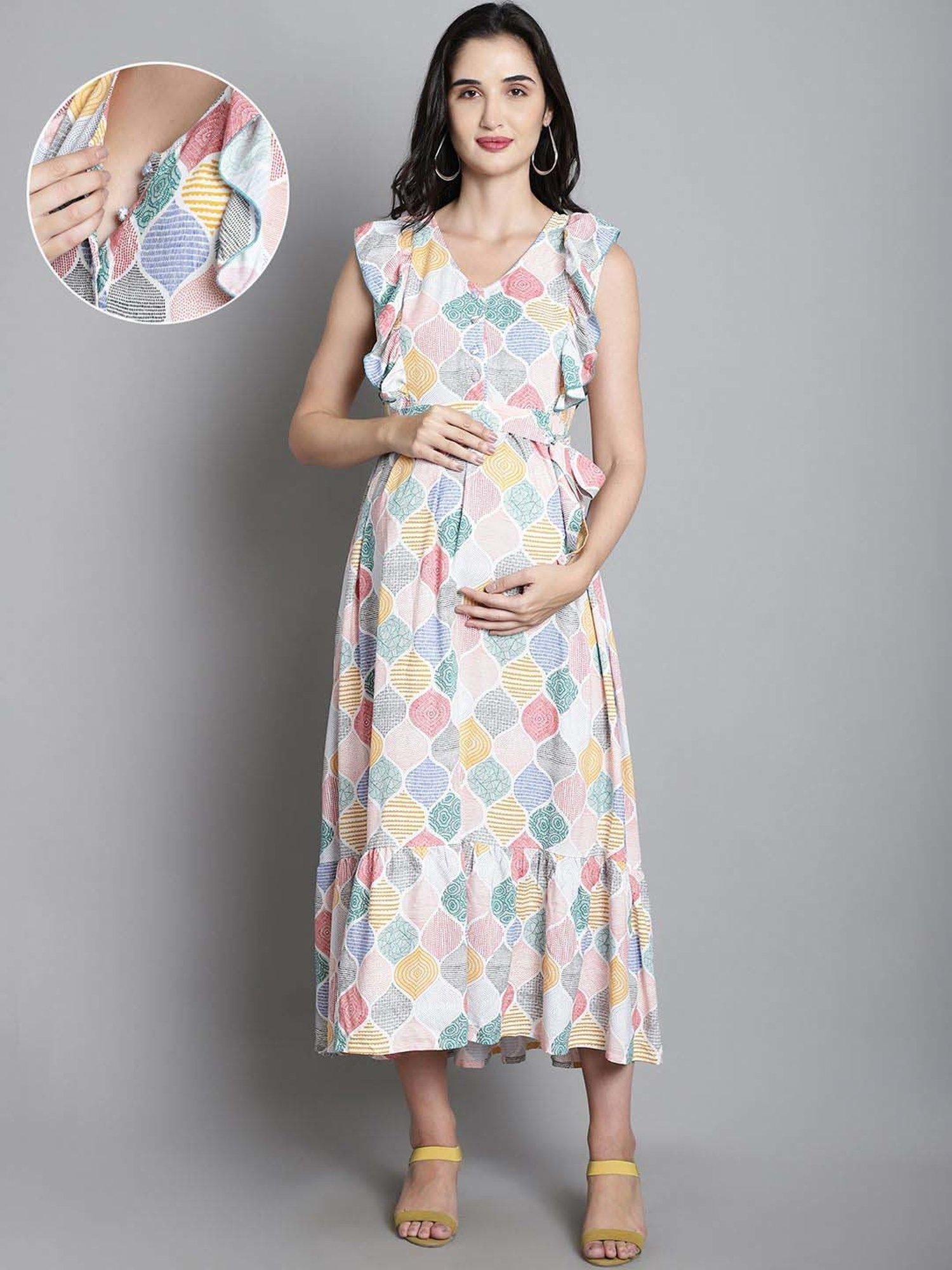Moms Maternity White Printed Maternity Dress