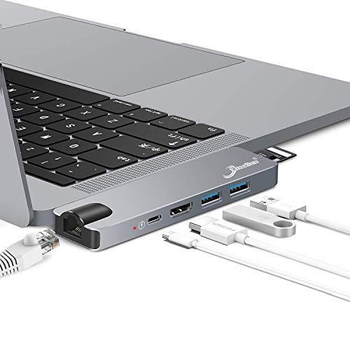 USB C Hub Adapter, 7 in 1 Thunderbolt 3 Type C Dongle for 2018/2017/2016 MacBook Pro with 4K HDMI, Gigabit Ethernet, 100W Power Delivery, SD Card Reader, USB 3.0 Ports (Grey)