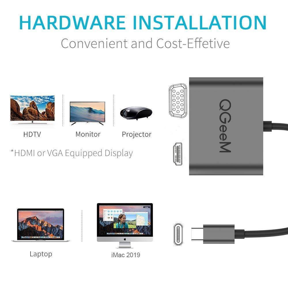 USB C to HDMI VGA Adapter, QGeeM 2-in-1 Type C to VGA HDMI Adapter (Thunderbolt 3 Compatible) for MacBook Pro, iMac 2017, Chromebook Pixel, Galaxy S8/S8Plus and More