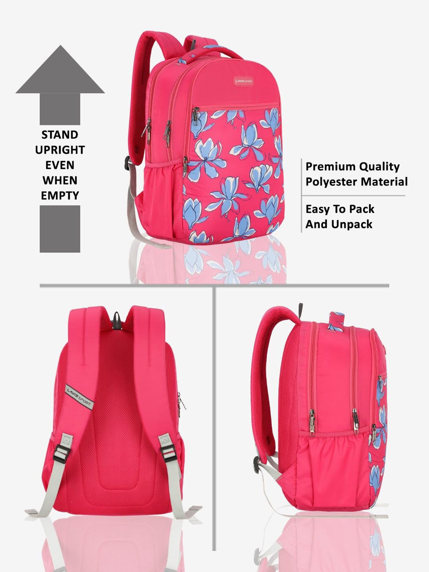 Lavie Sport Bloomy 26L Floral Printed School Backpack for Girls (Magenta)