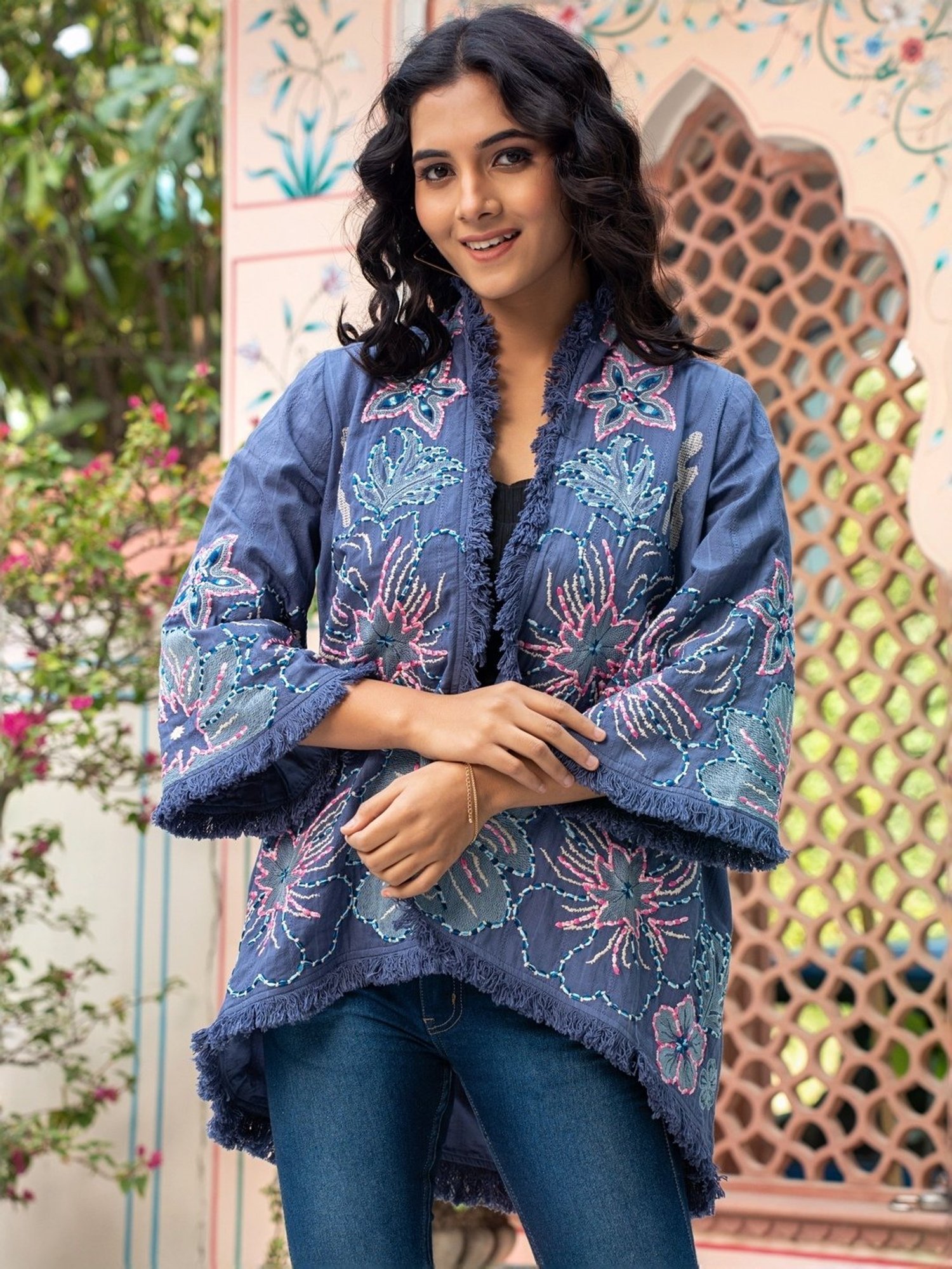 Zolo Label Blue Cotton Embroidered Jacket