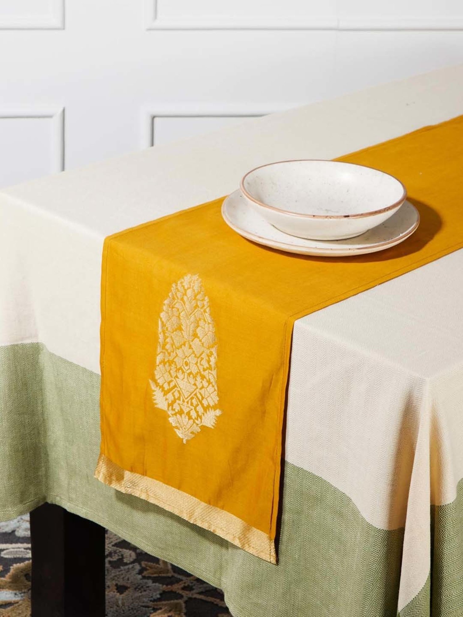 Fabindia Deeva Yellow Cotton Blend Small Runner