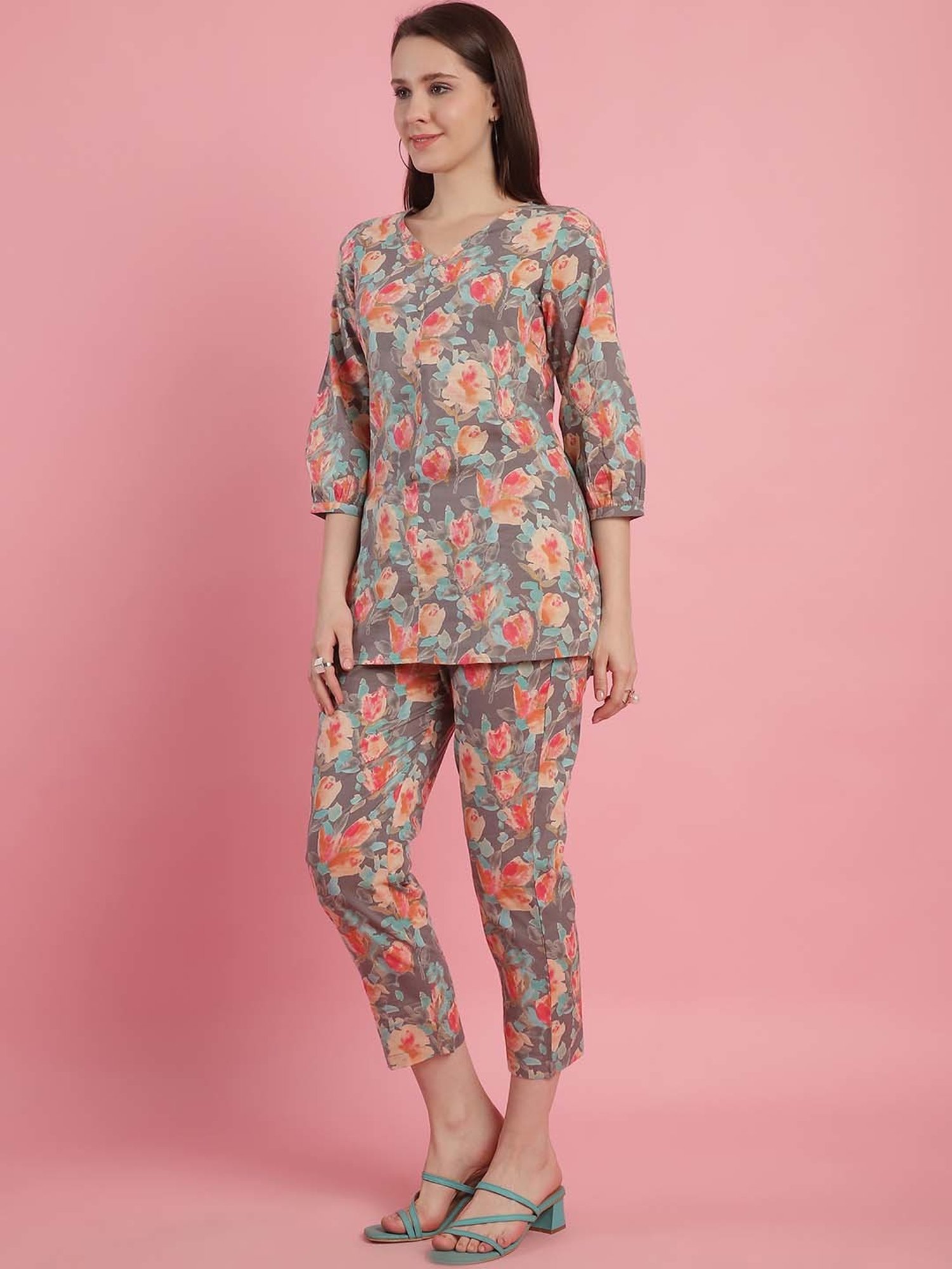 Prakrti Grey Cotton Floral Print Top Pant Set