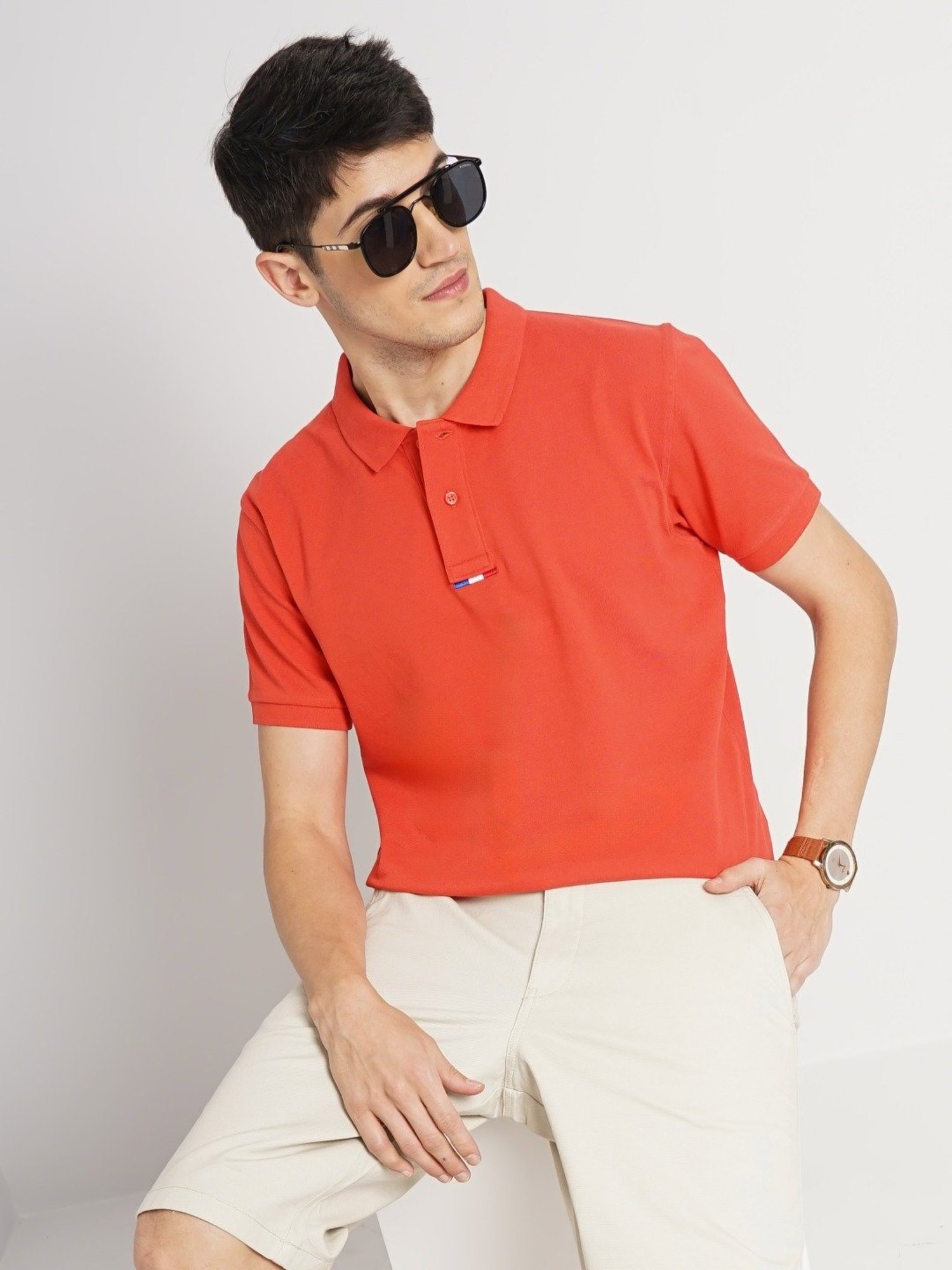 Celio Orange Cotton Regular Fit Polo T-Shirt