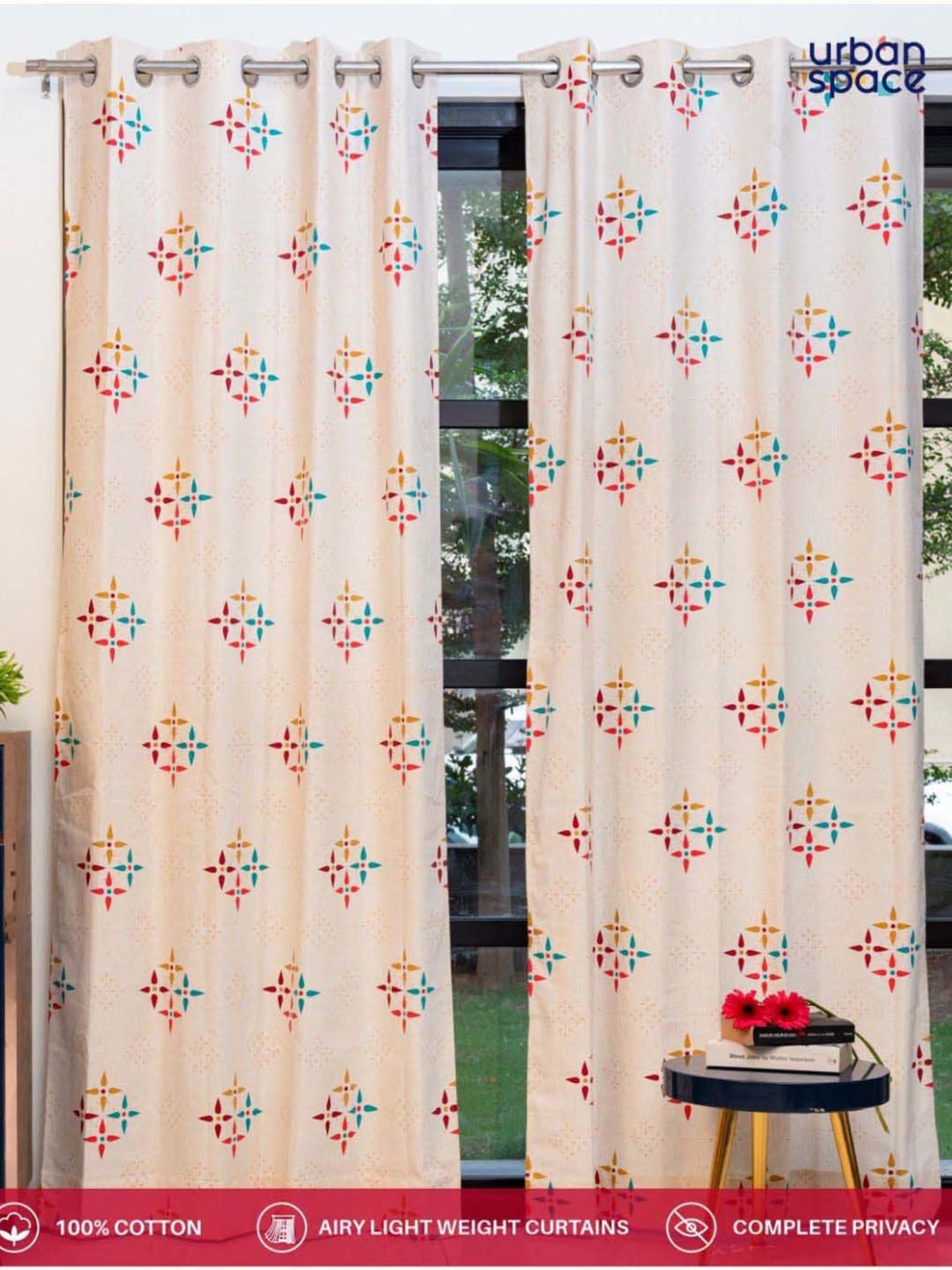 Urban Space White & Red Cotton Printed Window Curtain - Set of 2
