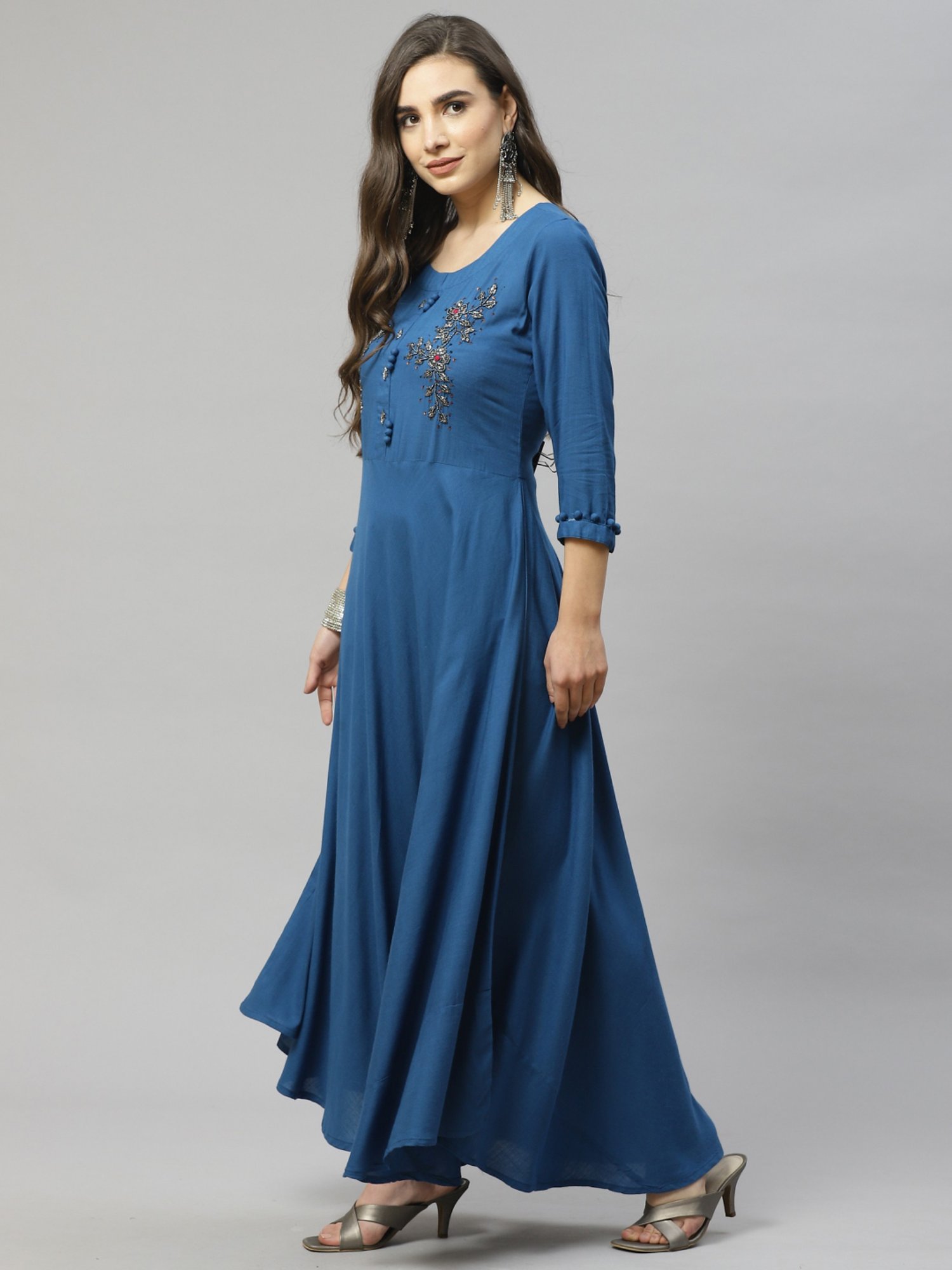 HIGHLIGHT FASHION EXPORT Teal Blue Embellished Maxi Dress