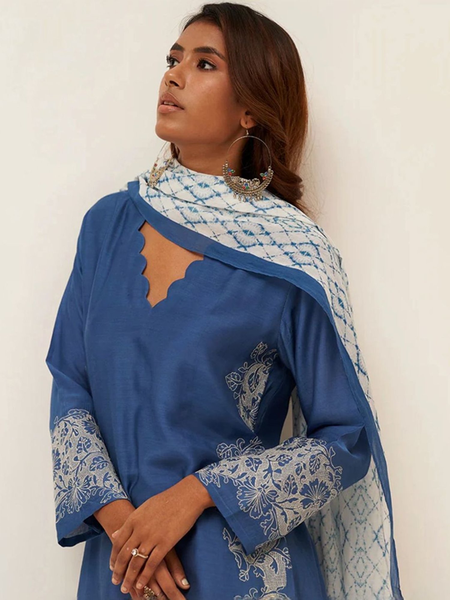Ganga Fashions Blue & White Dhoop Embroidered Kurta with Salwar and Dupatta