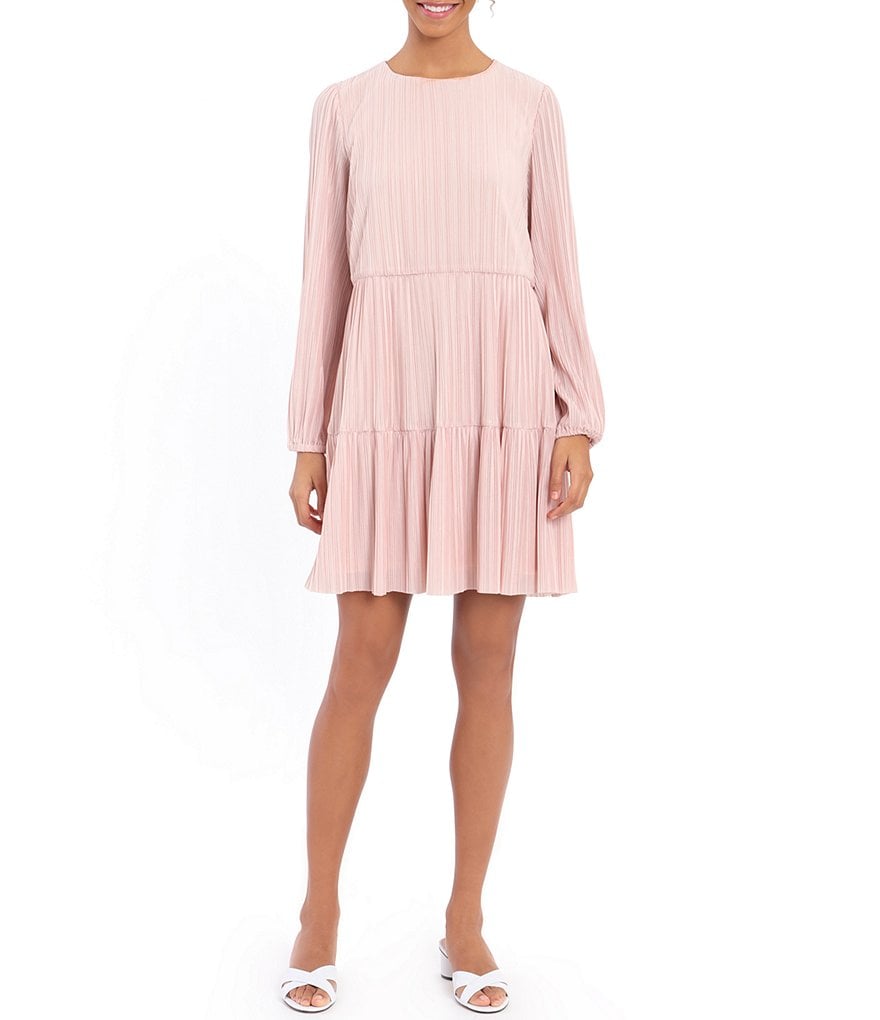 London Times Petite Size Long Sleeve Crystal Pleat Tiered Shift Dress