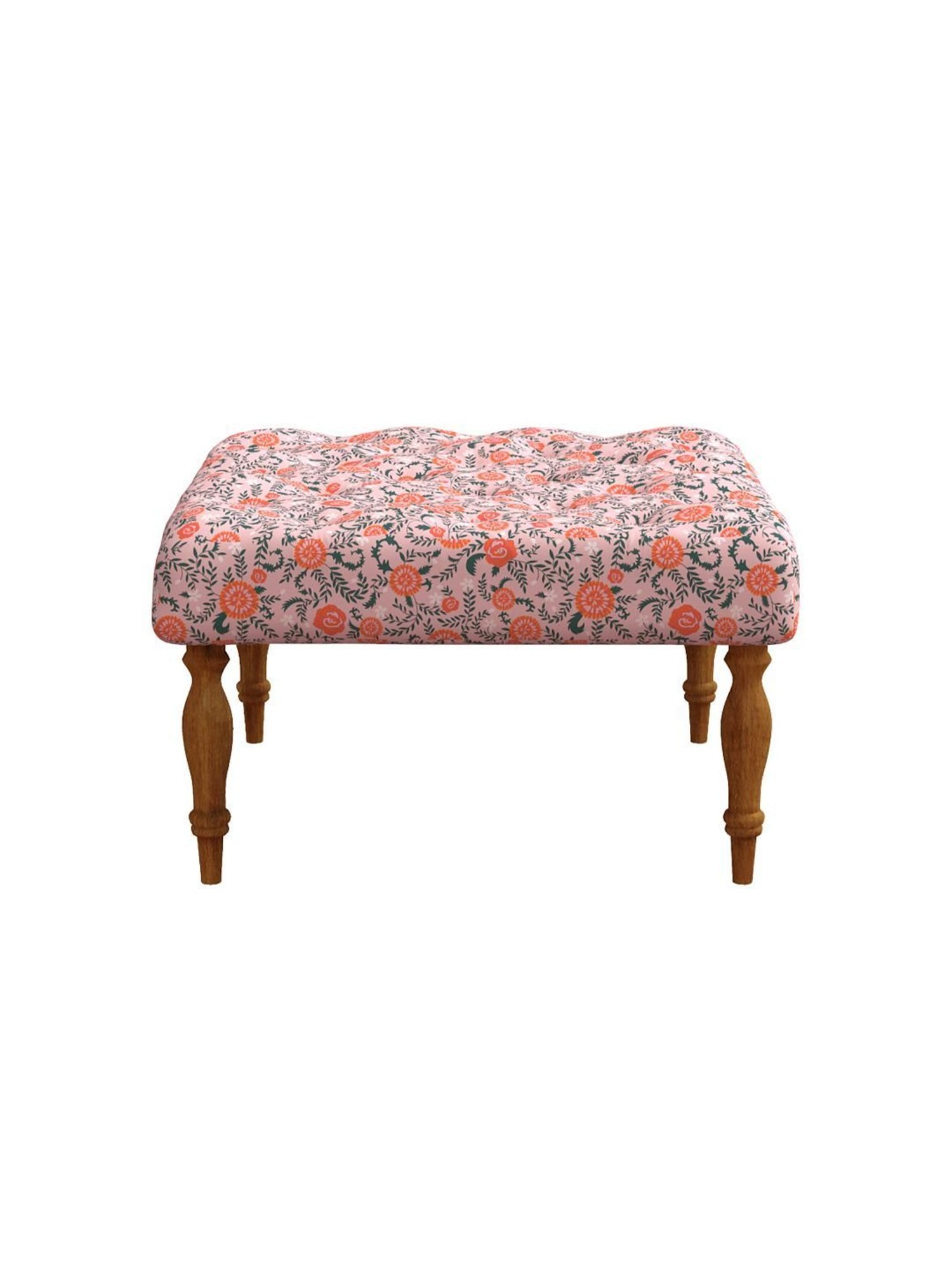 Chumbak Earthy Floral Pink Sheesham Wood English Ottoman