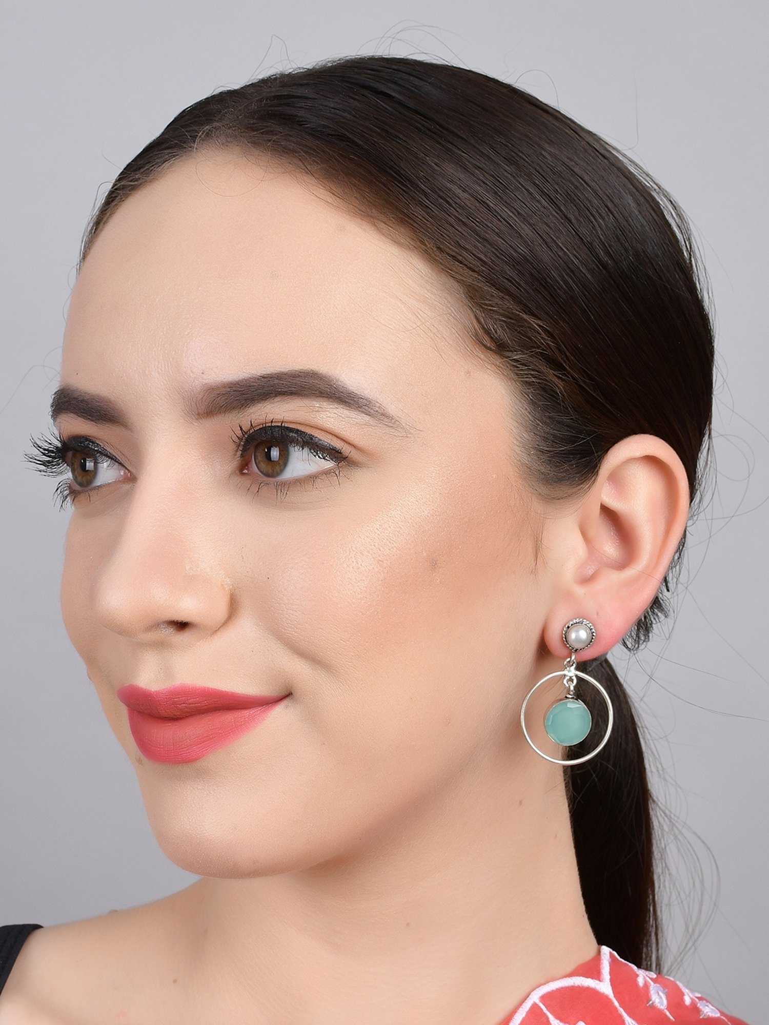 Imli Street Green-White Silver Tone Stone-Studded Handcrafted Drop Earrings