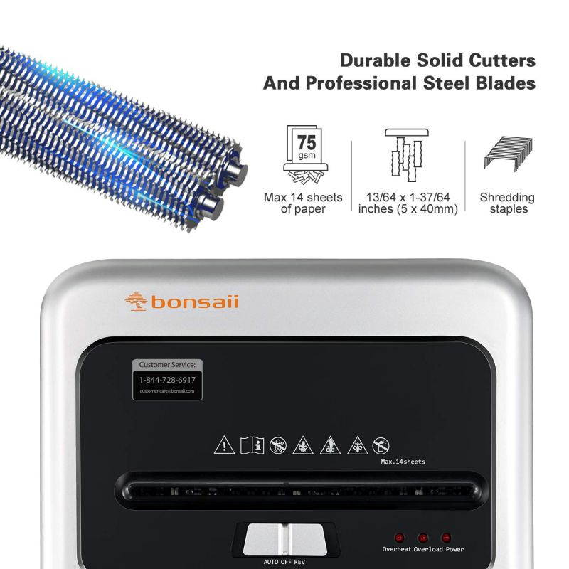 Bonsaii 14-Sheet Cross-Cut Heavy Duty Paper Shredder, 30-Minute Continuous Running Time, Credit Card/Staples Shredders for Office, Quiet Shredding Machine with Jam Proof System (C169-B)