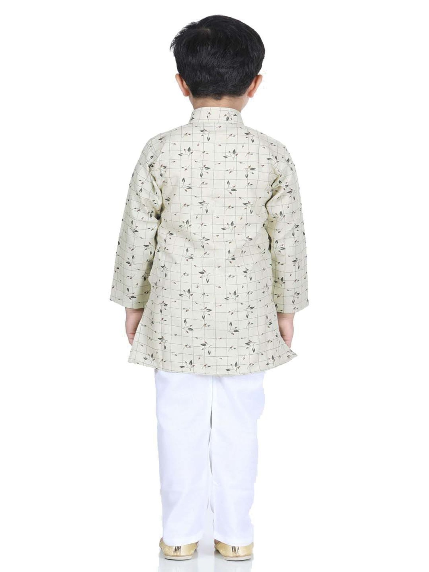 AJ Dezines Kids Beige & White Cotton Printed Full Sleeves Kurta Set