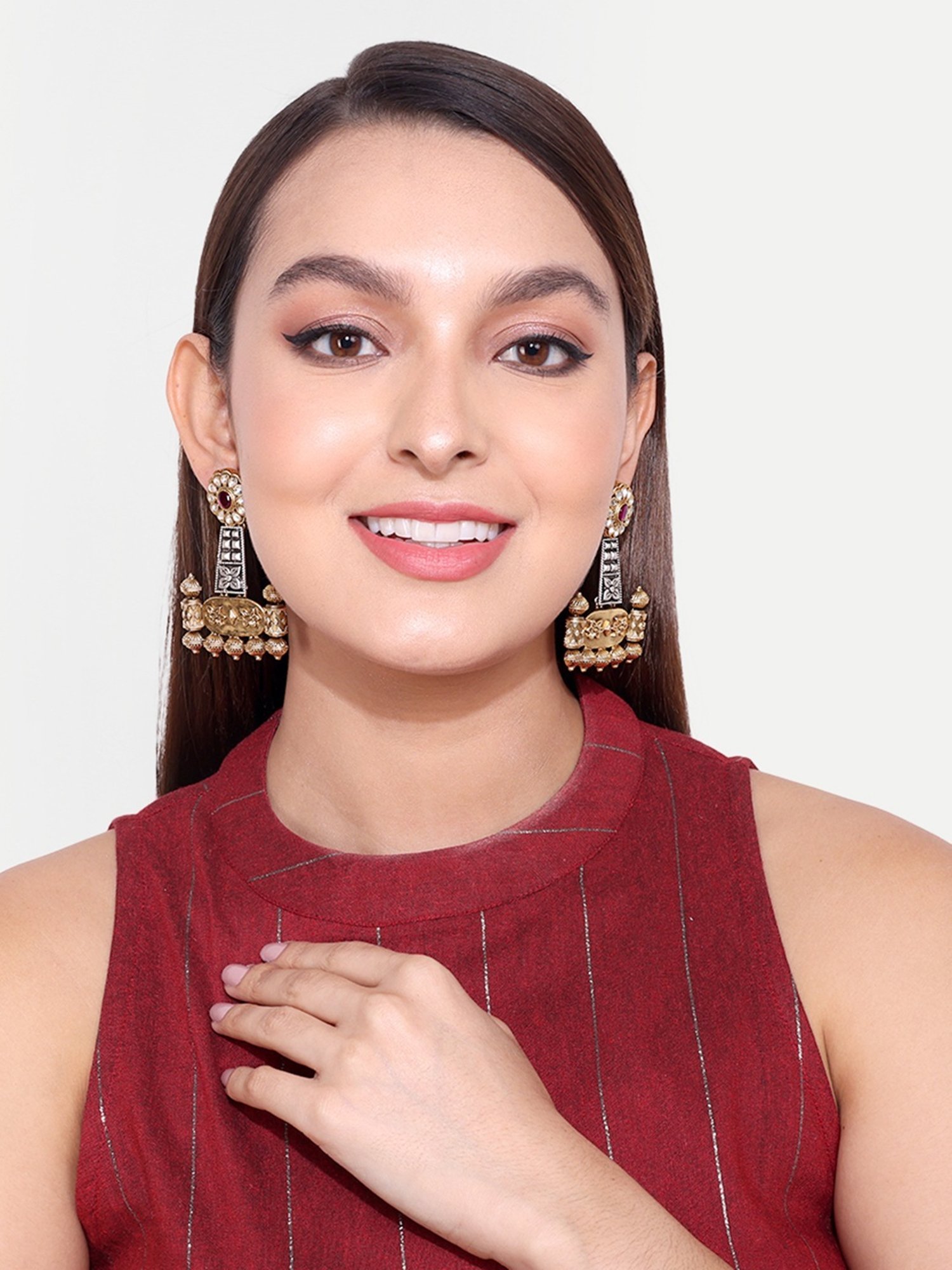 Abdesigns Geometric Oxidised Silver Plated Two Tone Earrings