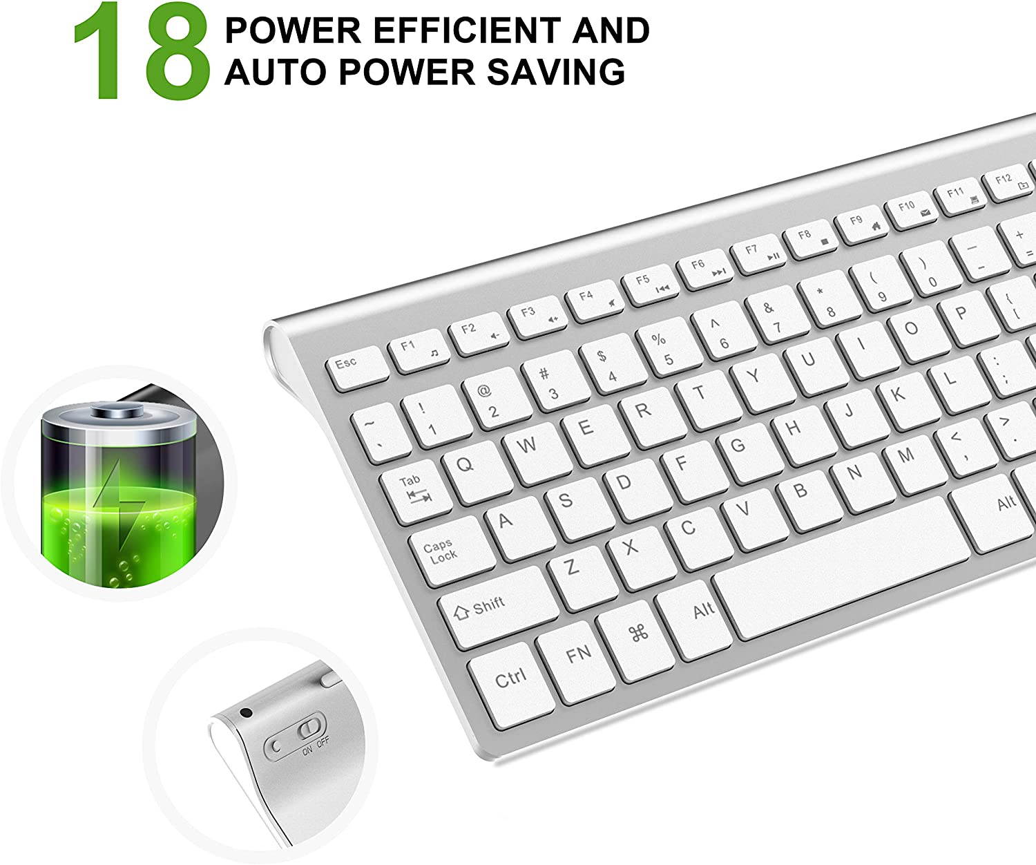 Wireless Keyboard, 2.4G Slim and Compact Wireless Keyboard-White+Silver