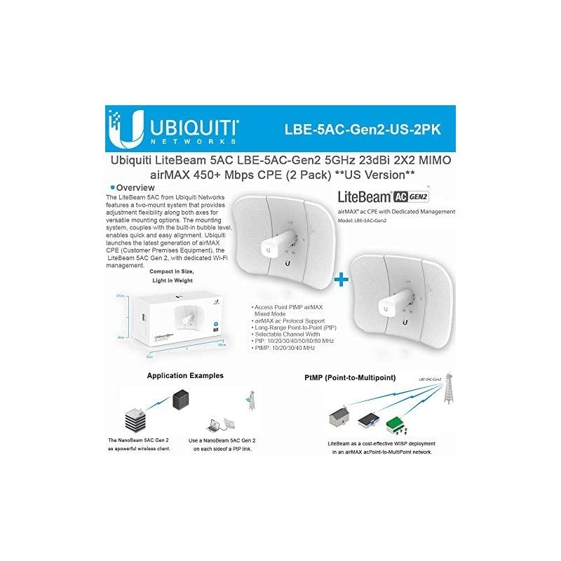LiteBeam Gen 2 LBE-5AC-Gen2-US 2X2 MIMO airMAX 5GHz 23dBi 450Mbps-2PACK