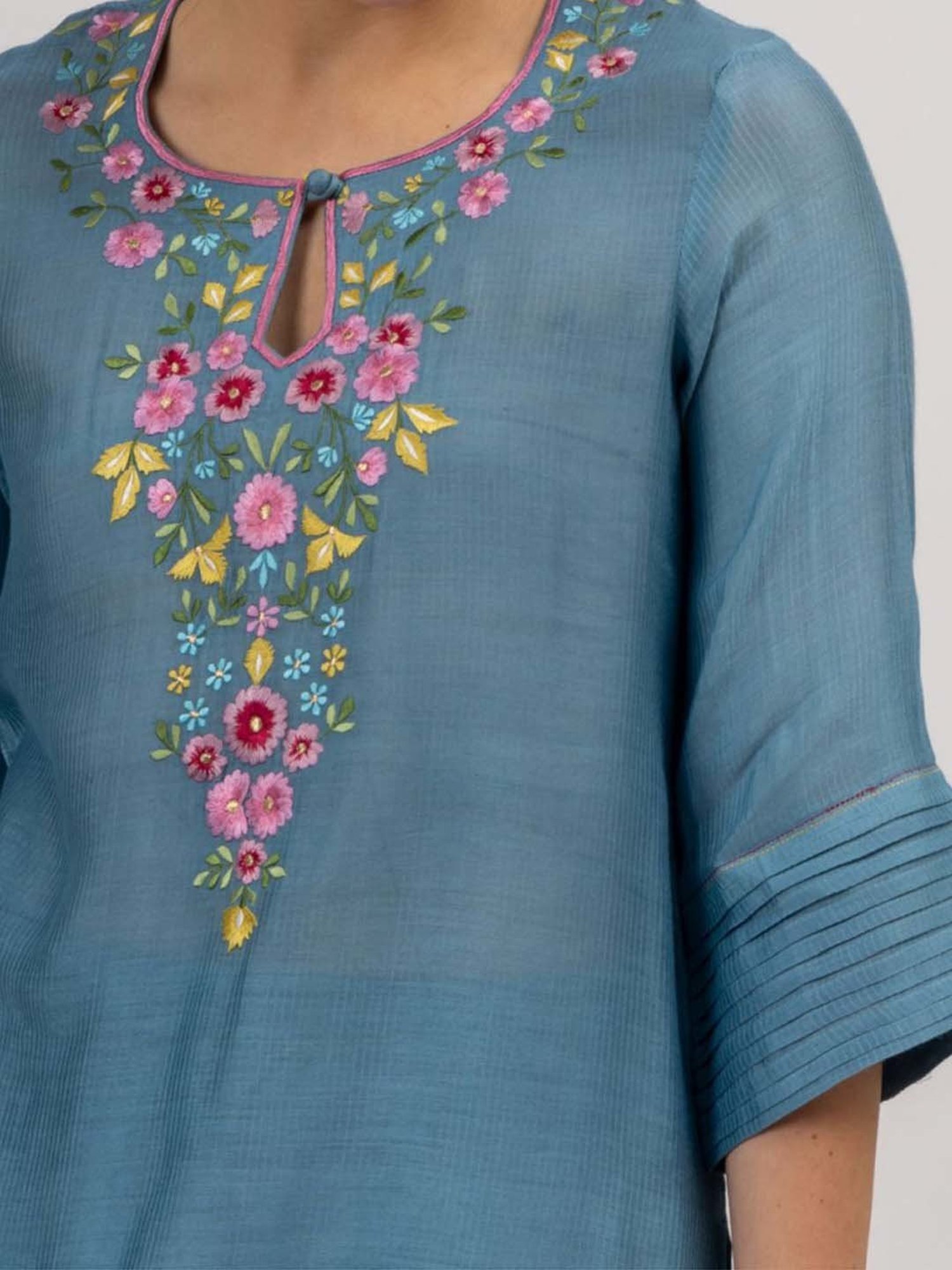 Mushio Blue & Grey Carmen Floral Embroidered Hand Woven Maheshwari Silk Kurta With Slip