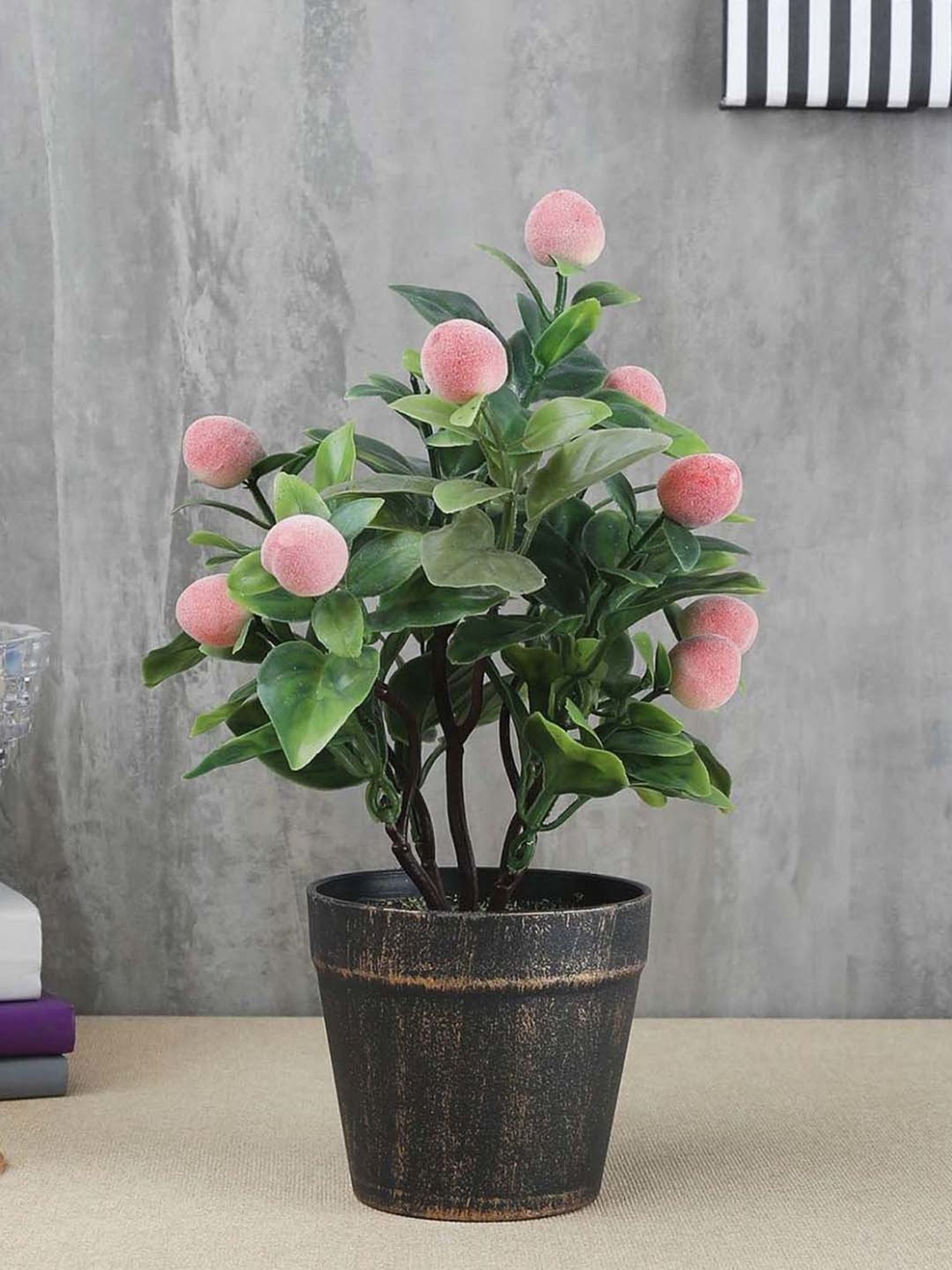 Foliyaj Green & Peach Plastic Artificial Bonsai Tree With Pot