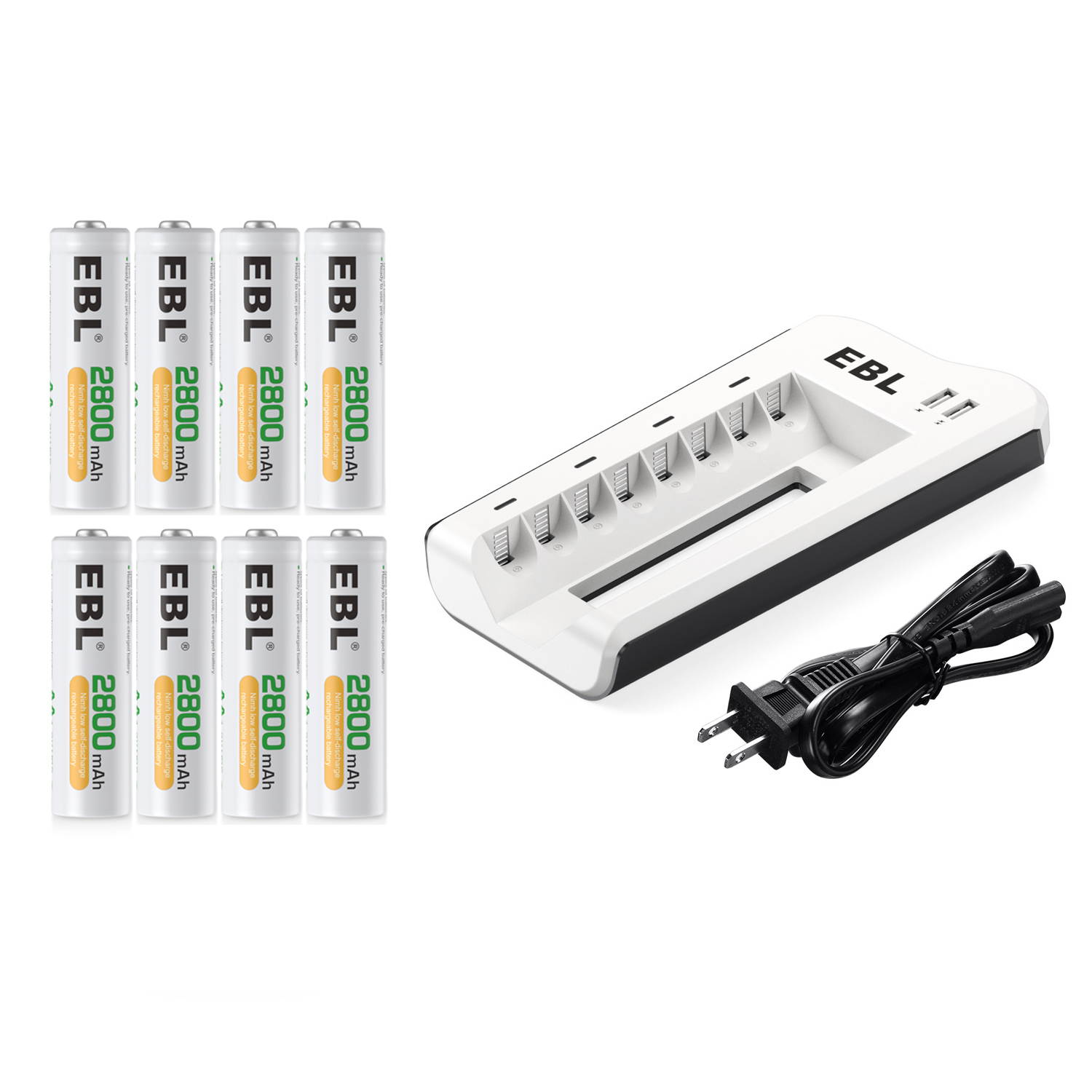 EBL 8 Pcs 2800mAh Ni-MH AA Rechargeable Batteries  and 808U AA AAA Battery Charger with 2 USB Charging Ports
